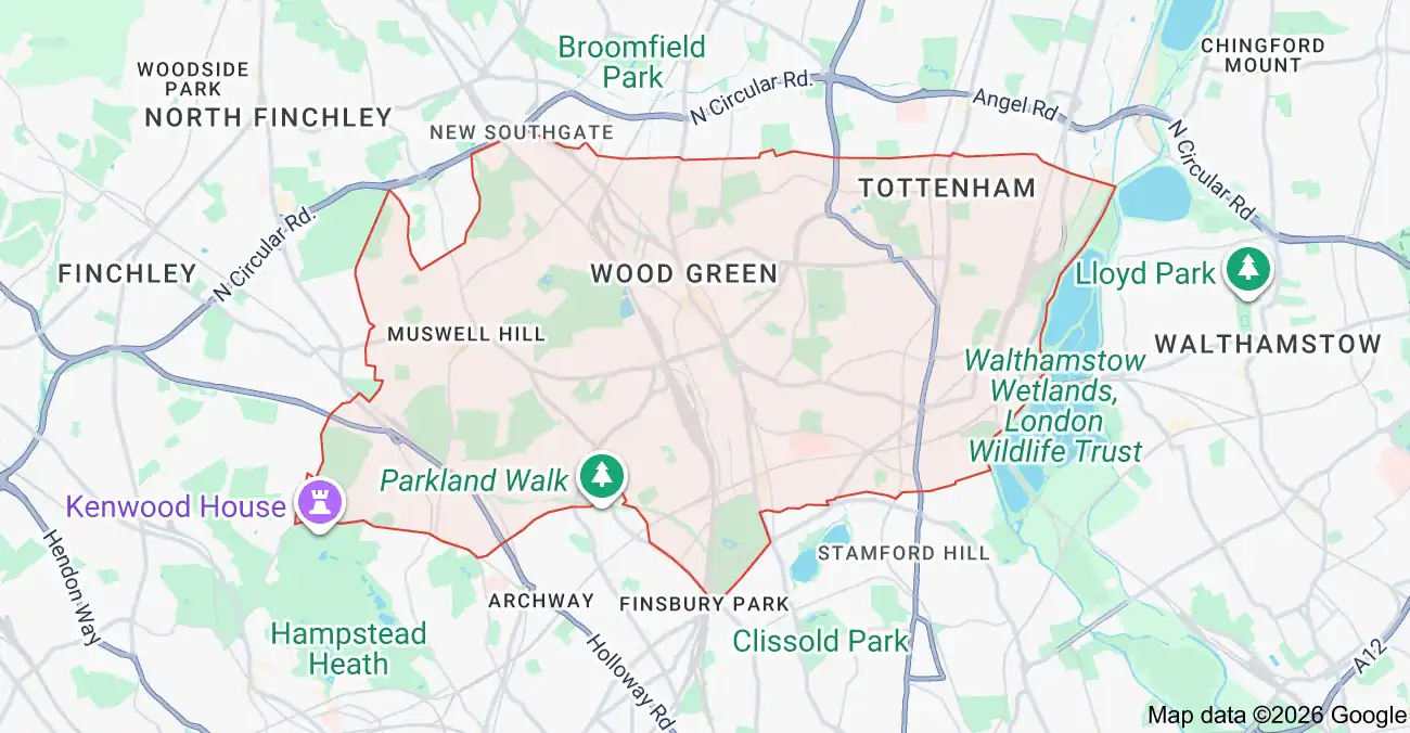 Map showing Wood Green, Tottenham, and surrounding areas.