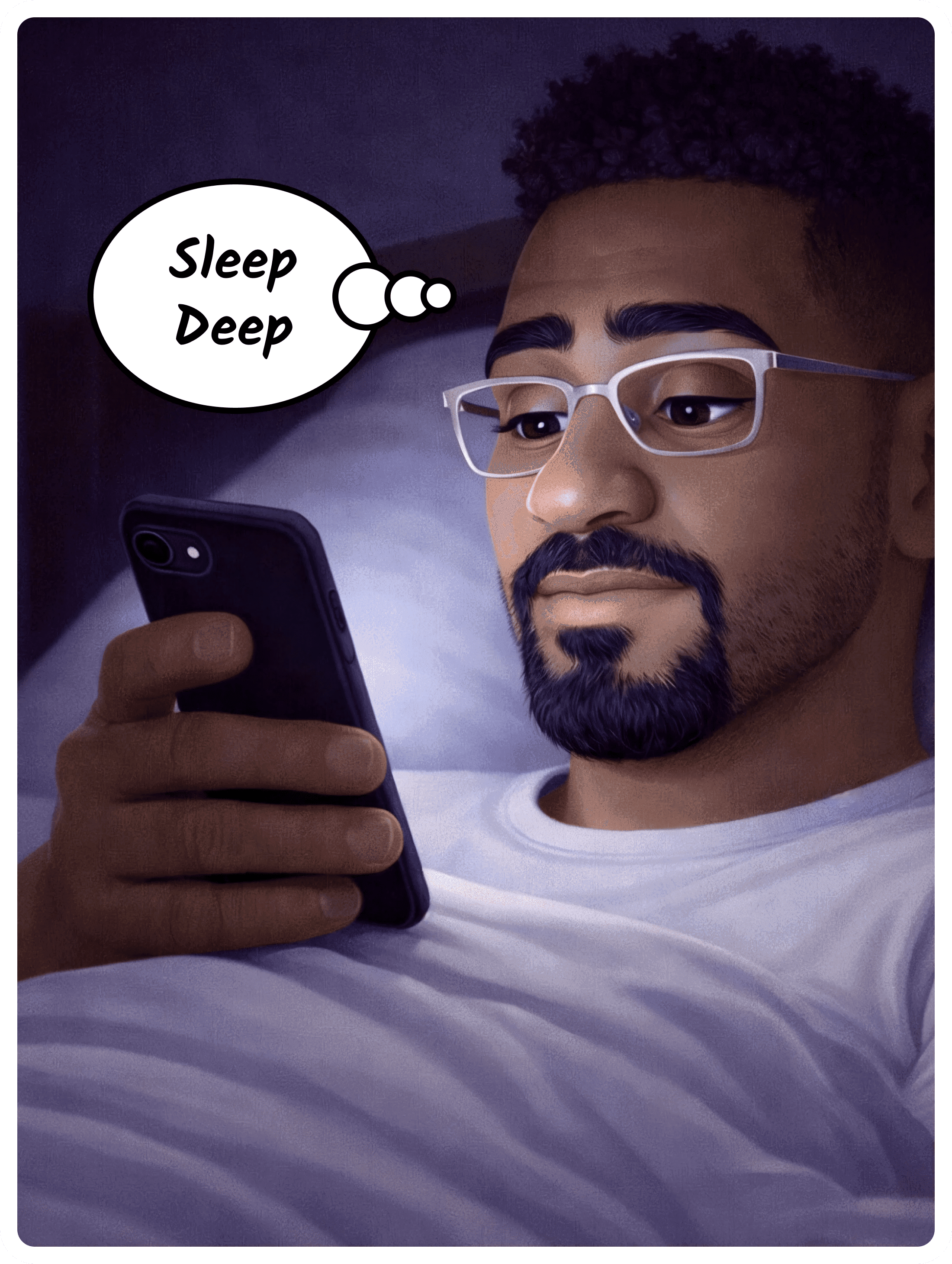 Illustration for “Why am I so tired?,” a Sleep Deep Patch. Eight hours of sleep and still exhausted. João had no idea his whole day had been working against him way before bedtime.