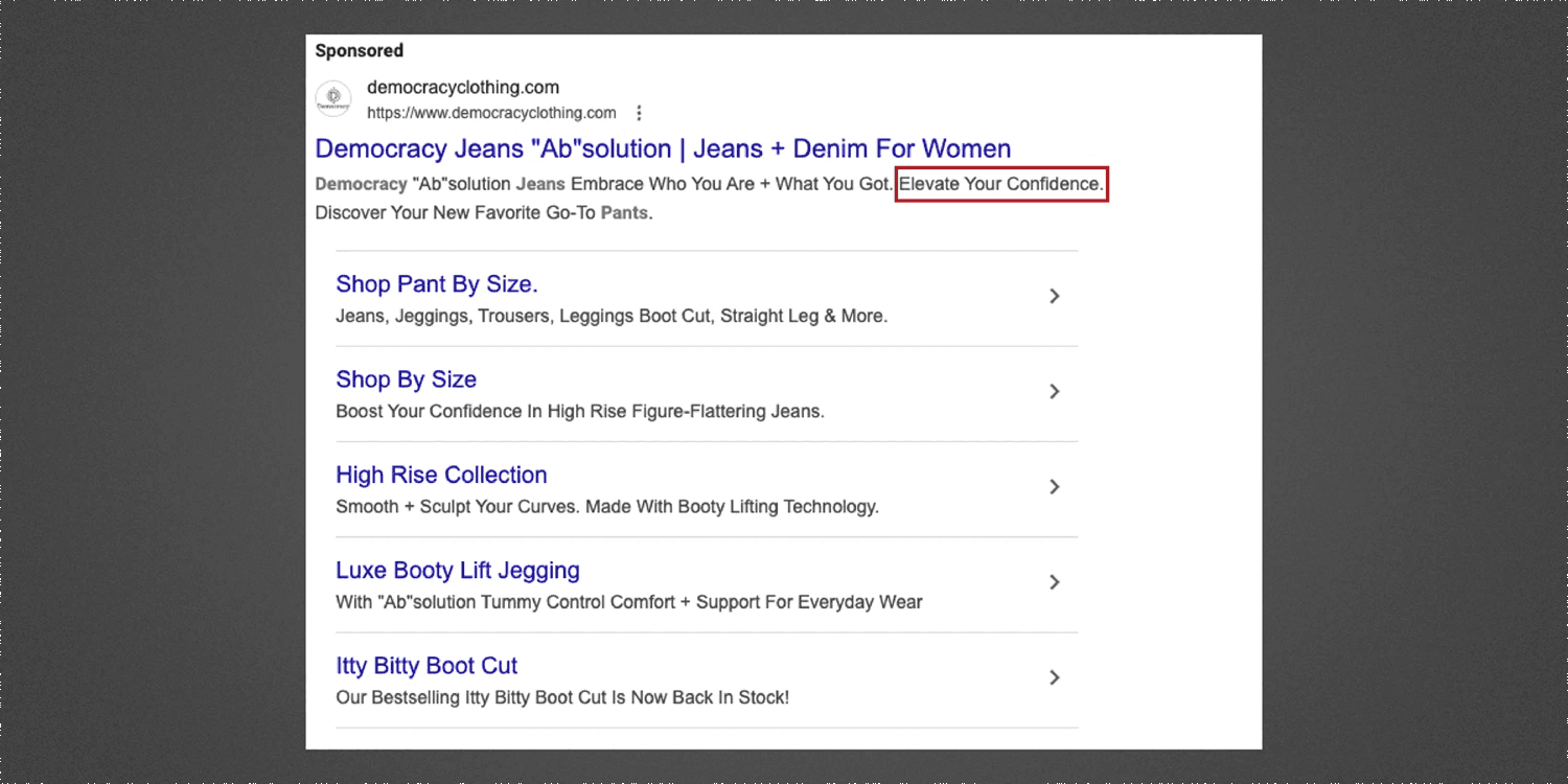 A screenshot of a sponsored Google ad for Democracy Clothing with the words "elevate your confidence" highlighted.