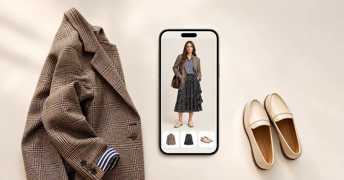 Hero garment beside a phone showing a matching outfit for pack with a digital wardrobe on a warm ivory background
