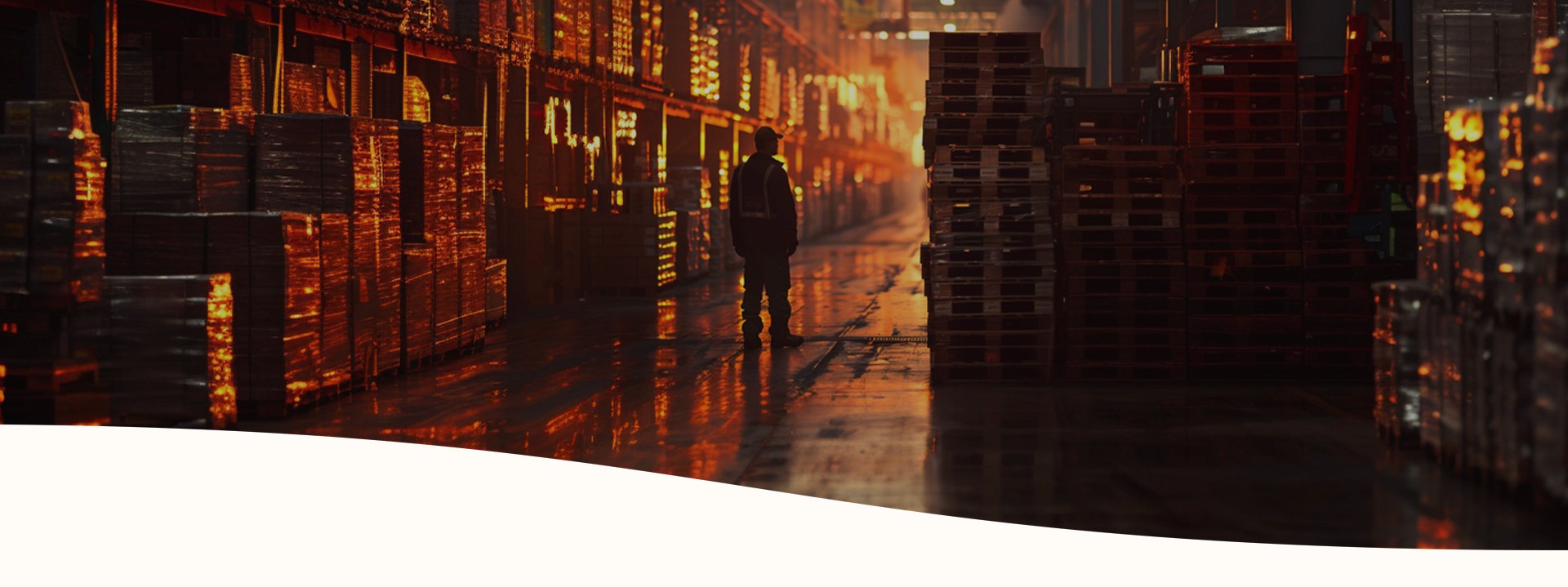 A man is walking in a warehouse with many pallets and many storage racks. The picture has an orange glow.