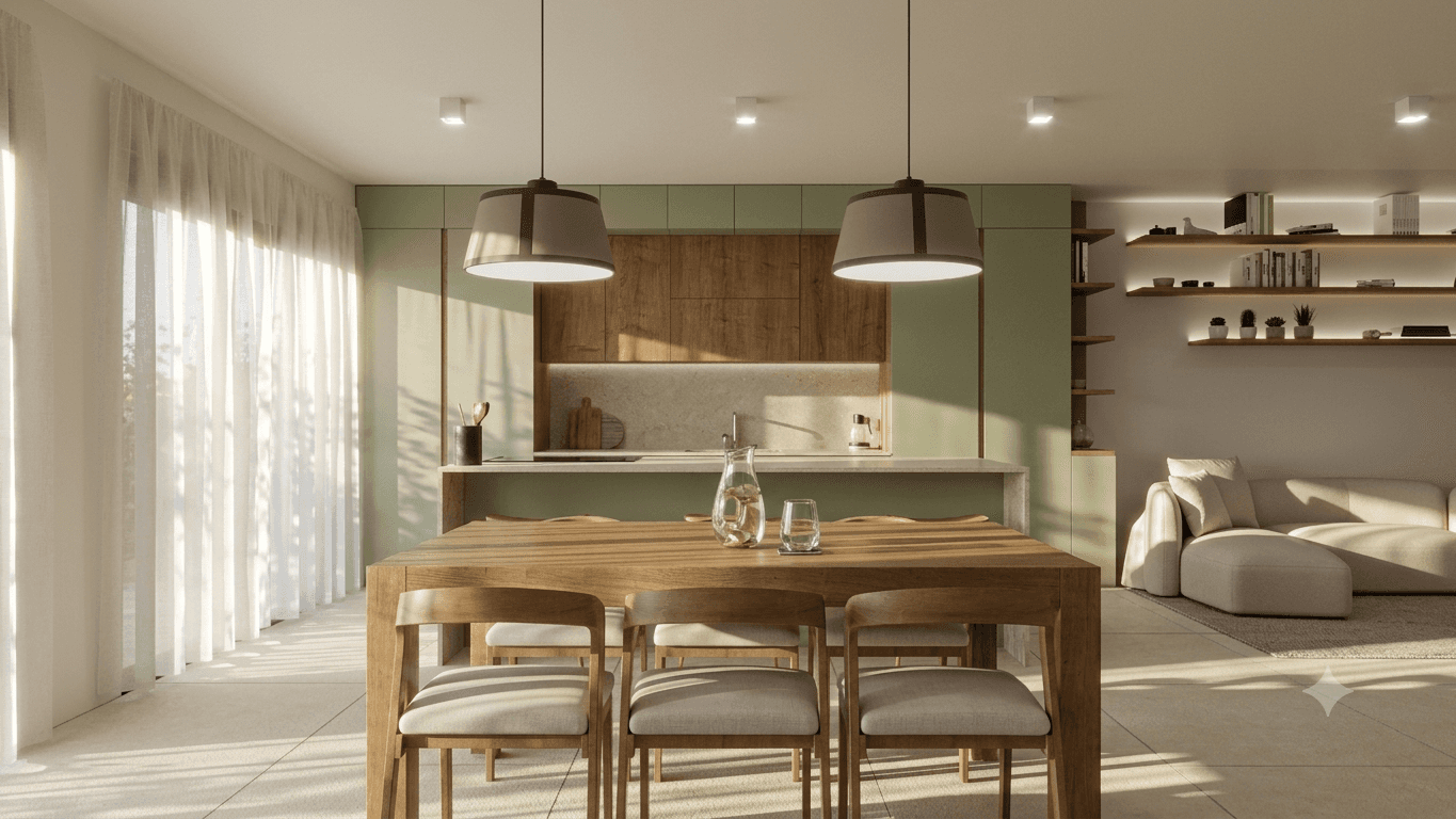 Zona giorno contemporanea con cucina verde salvia