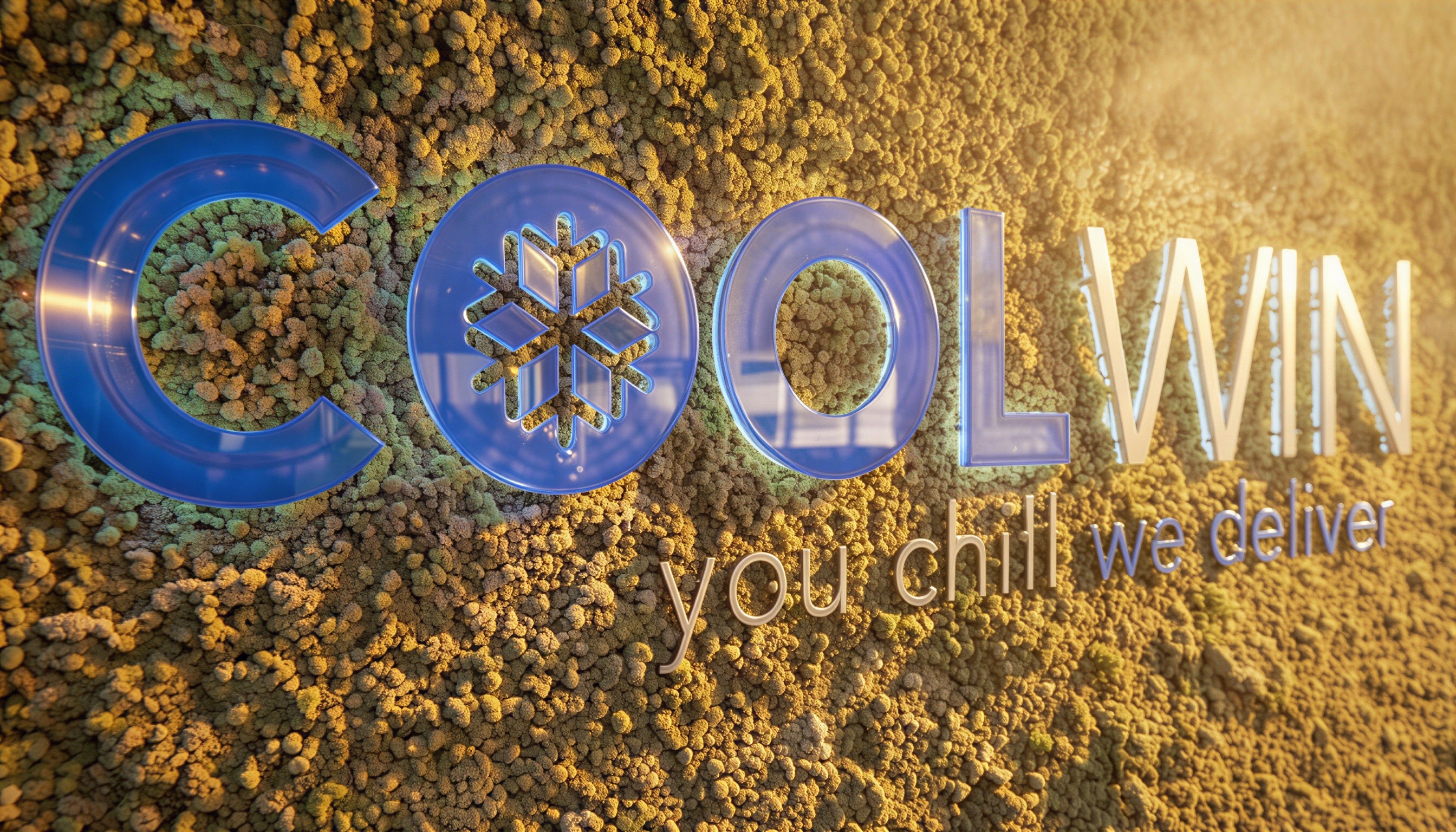 Custom moswand met geïntegreerd verlicht Coolwin logo, ontworpen voor akoestische demping in een premium B2B kantoor.