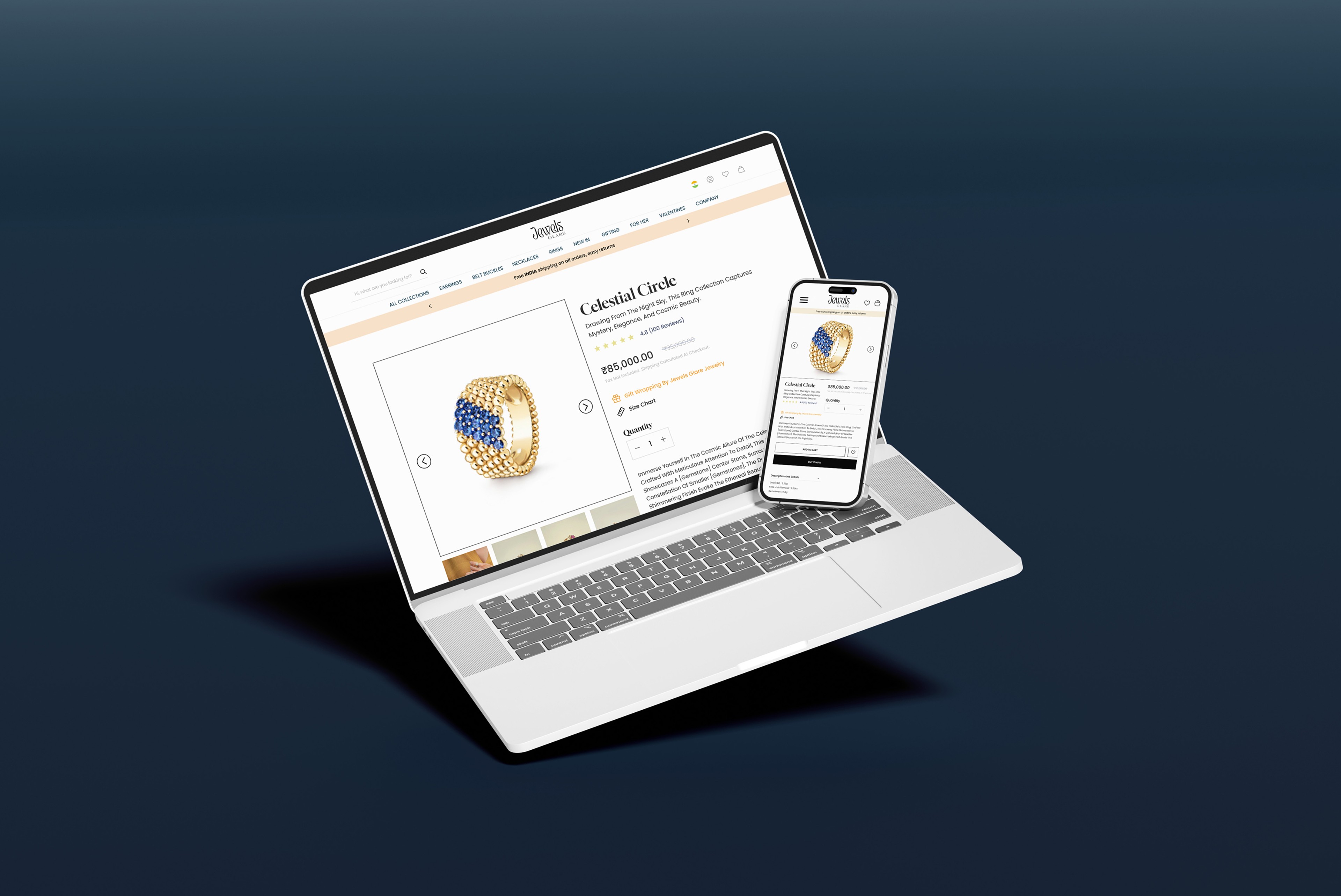 Laptop and smartphone displaying a jewelry website product page for a 'Celestial Circle' ring, featuring detailed images, price, and description.