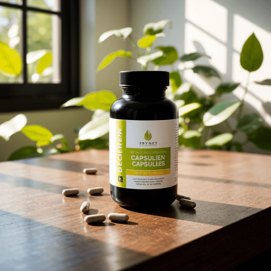 product photography of a bottle of dietary supplement capsules