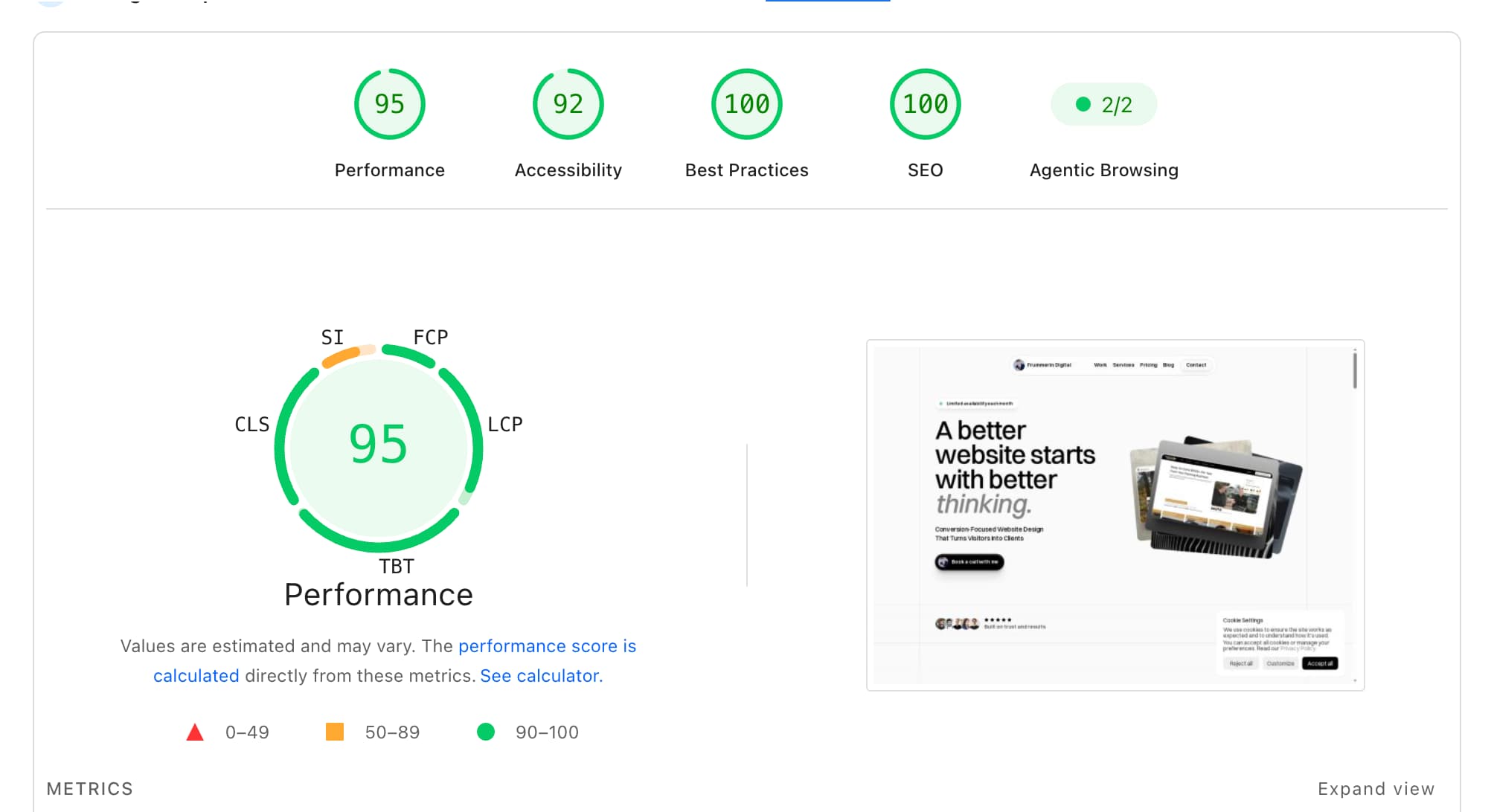 Frummerin Digital Framer website PageSpeed Insights SEO and performance results showing strong Core Web Vitals scores