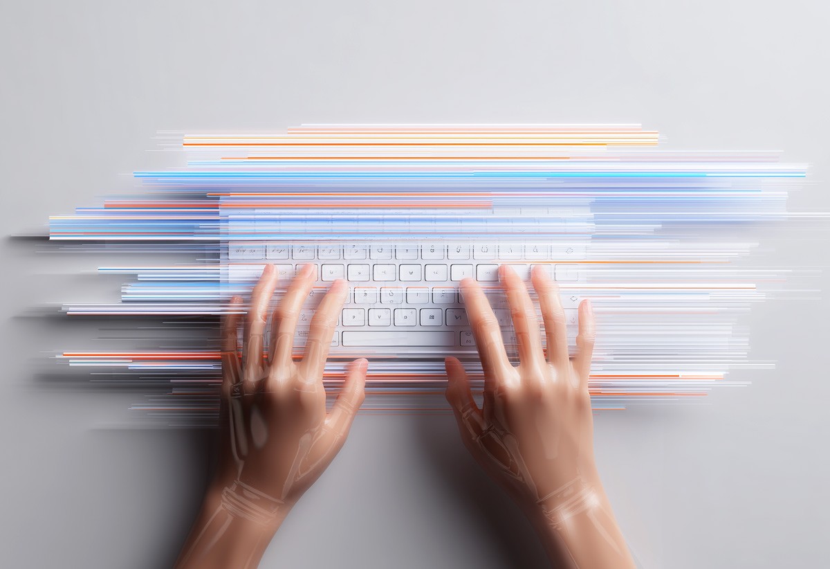 An AI generated image of a human cyborg typing on a keyboard with distorted output in blue, pink and peach coming out of the keyboard