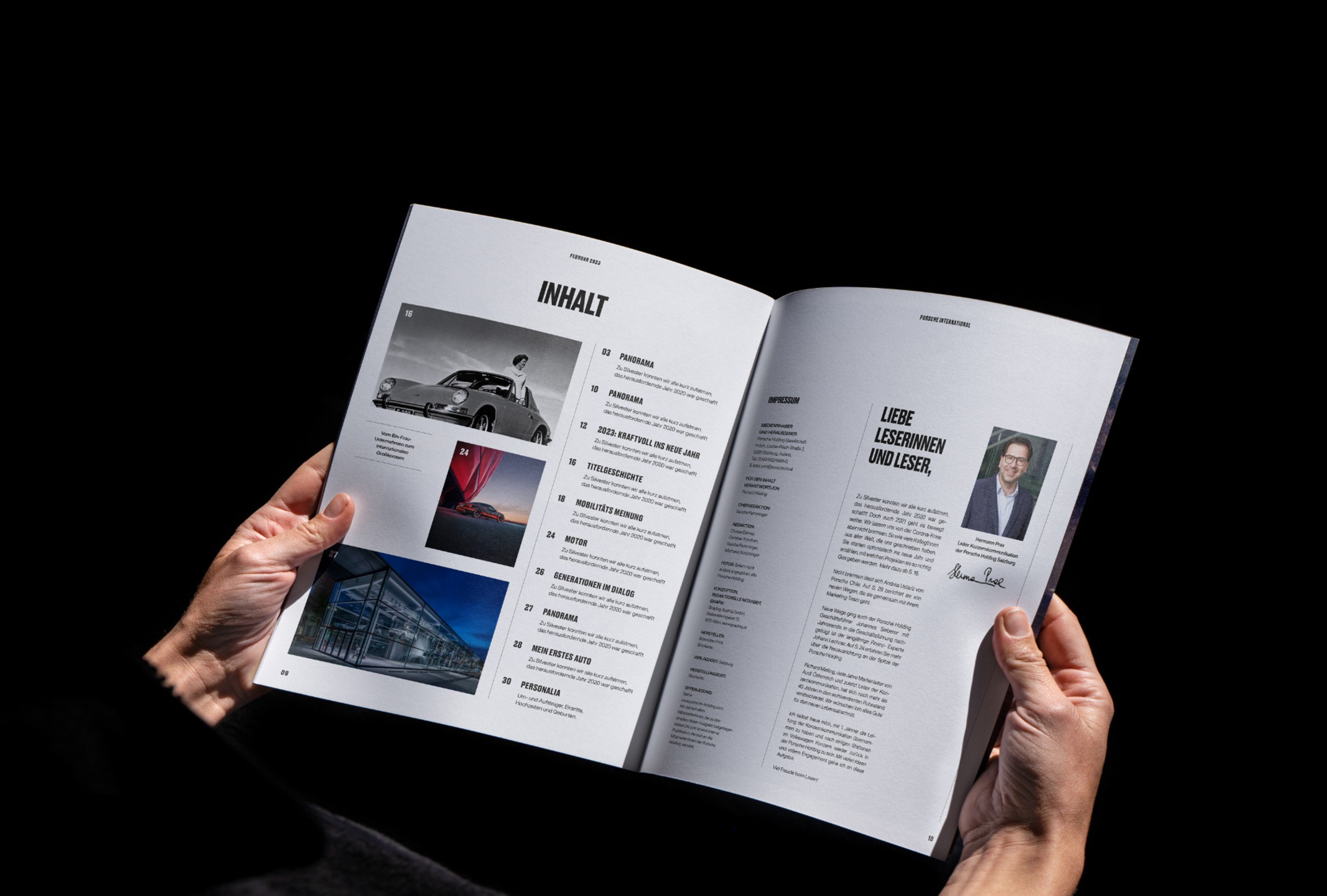 Doppelseitiges Layout des Magazins mit flexiblem Raster und ansprechender visueller Gestaltung.