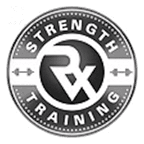 RX Strength training logomark which is a circle with these words spelled out and two dumbells