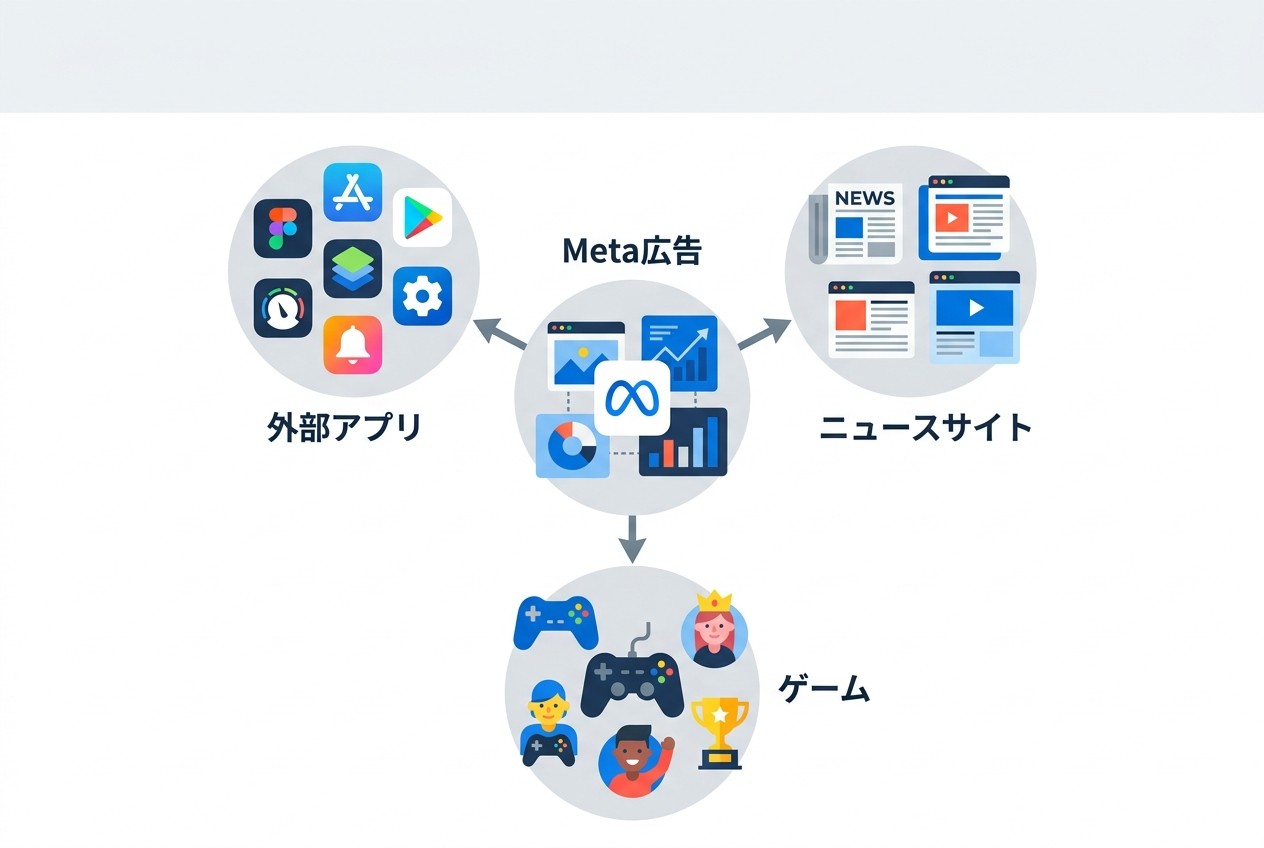 Audience NetworkはMeta広告をFacebook・Instagram以外の外部プラットフォームに配信する仕組み。ユーザーの行動データを活用したターゲティングにより、Meta外でも効率的なリーチが可能になる。