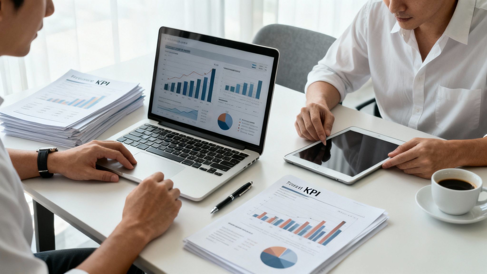 Dos personas analizando datos de negocio con laptop, tablet y documentos KPI en una oficina moderna.