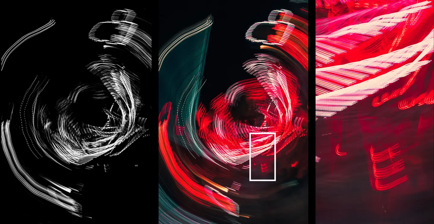 Comparison of Schrill light streak textures showing high-resolution black and white, original color, and macro detail versions.