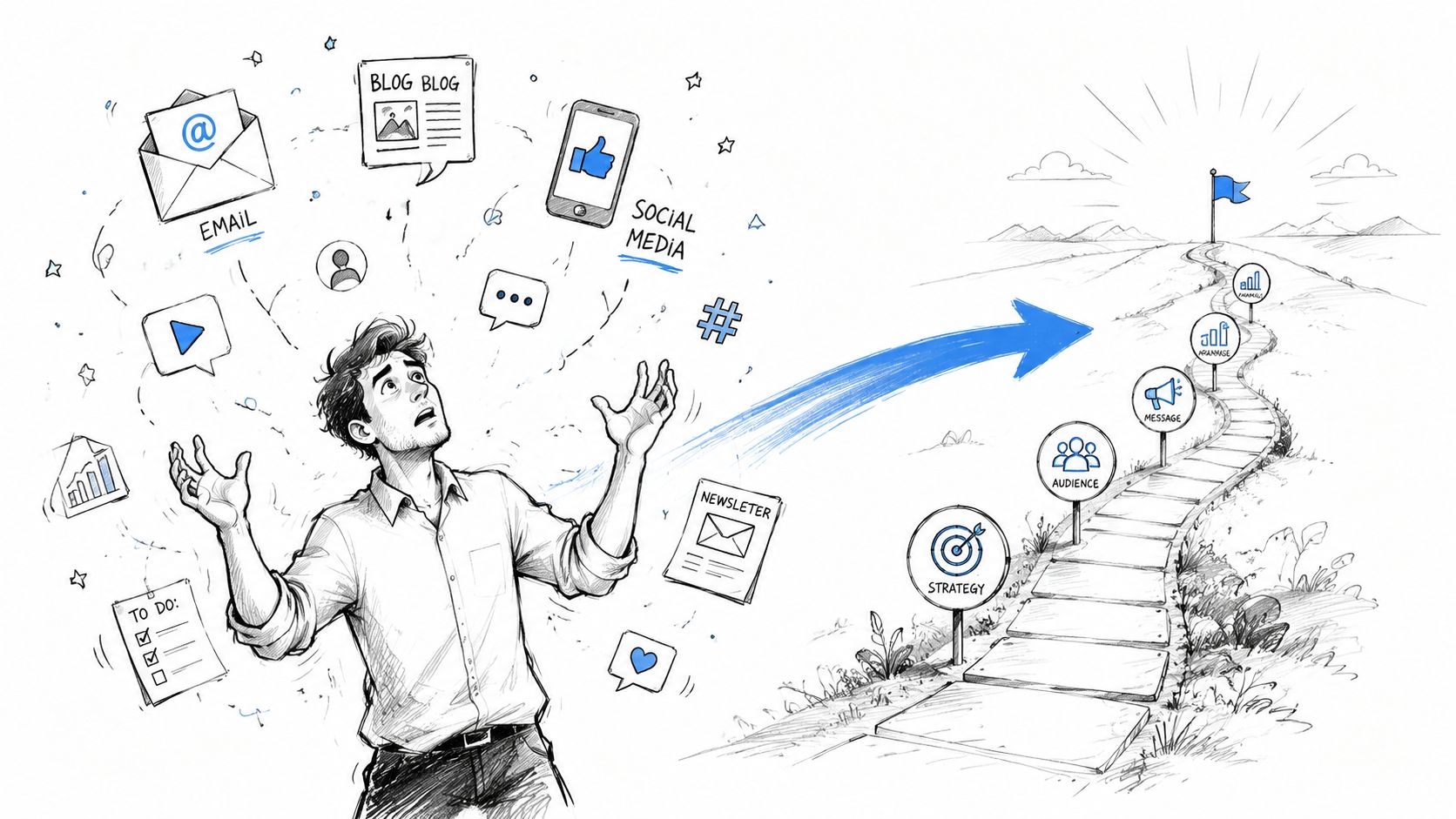 A person feeling overwhelmed by marketing tasks looking toward a clear strategic path on a roadmap.