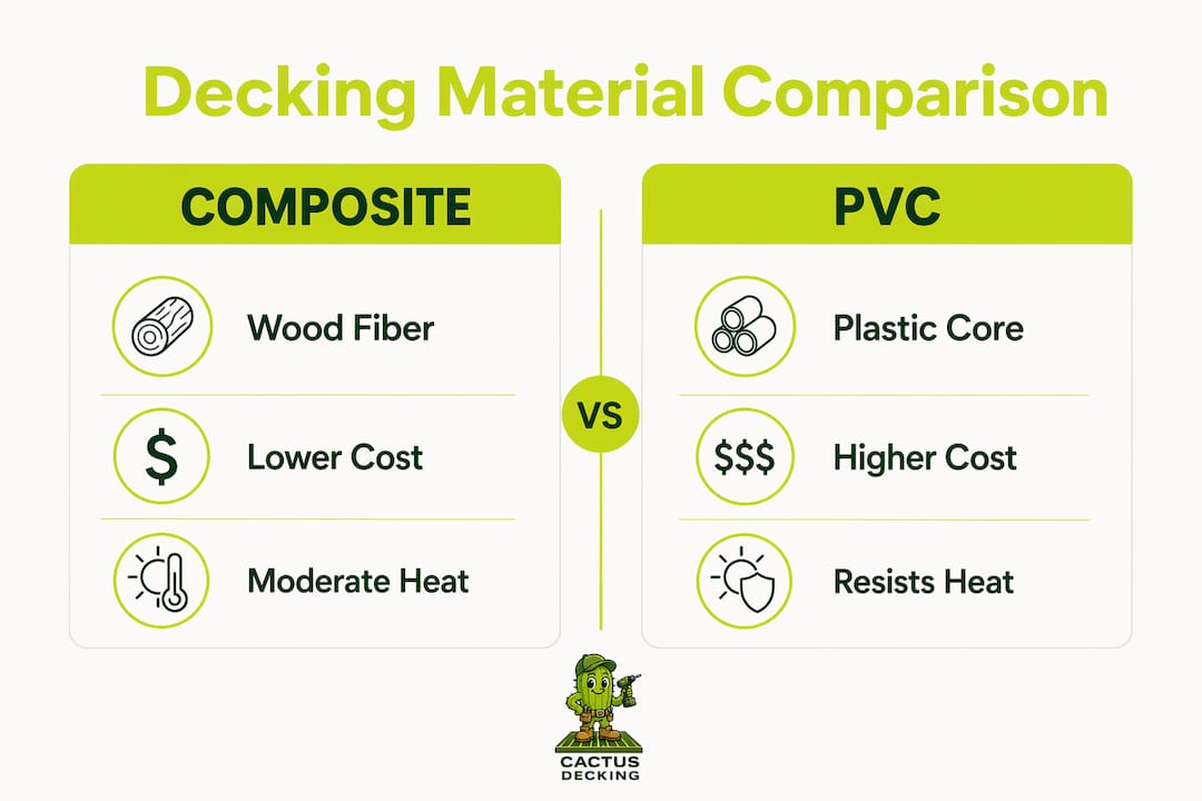 Infographic comparing composite and PVC decking key features