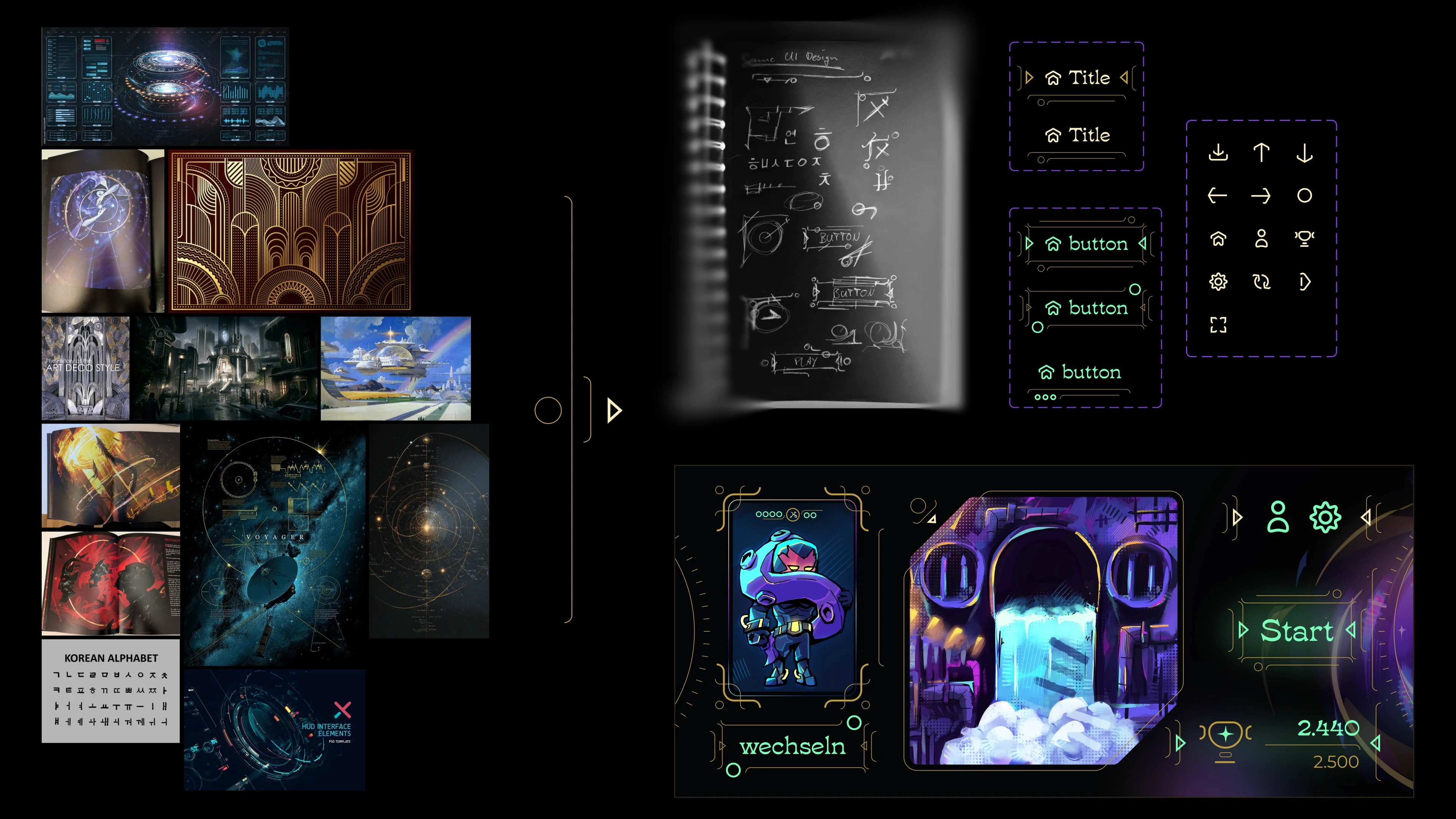 Comparison of atmospheric moodboard inspirations like Art Deco and nautical elements with the resulting final UI concepts, buttons, and interface elements for SuperTracers.