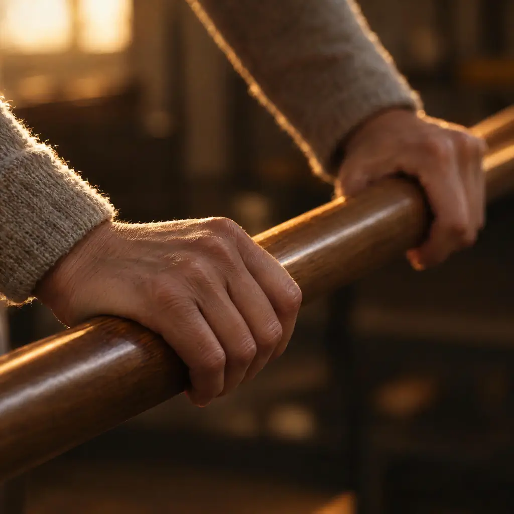 A patient's hands gripping a walnut parallel bar