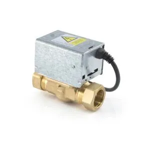 Spring-loaded brass two-port valve used on a heat pump hot water circuit in a UK new build — the type of valve found to be installed with reversed flow and return connections, causing water hammer and a loud banging noise at the end of every hot water cycle.