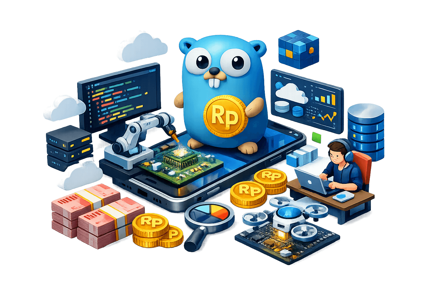 Ilustrasi platform keuangan berbasis AI & otomasi data. Di tengah, maskot AI berwarna biru memegang koin Rp, berdiri di atas chip/prosesor yang sedang dianalisis oleh lengan robot. Di sekelilingnya terdapat dashboard kode dan analitik, cloud, server, dan database yang menandakan pemrosesan data terintegrasi.  Di kanan, seorang developer bekerja di laptop; di depan terlihat kaca pembesar (audit/analisis), drone/robot modul, serta tumpukan uang dan koin Rp sebagai nilai finansial. Visual menggambarkan orkestrasi AI, otomasi, analitik real‑time, dan penciptaan nilai bisnis dalam ekosistem keuangan digital yang aman dan scalable.