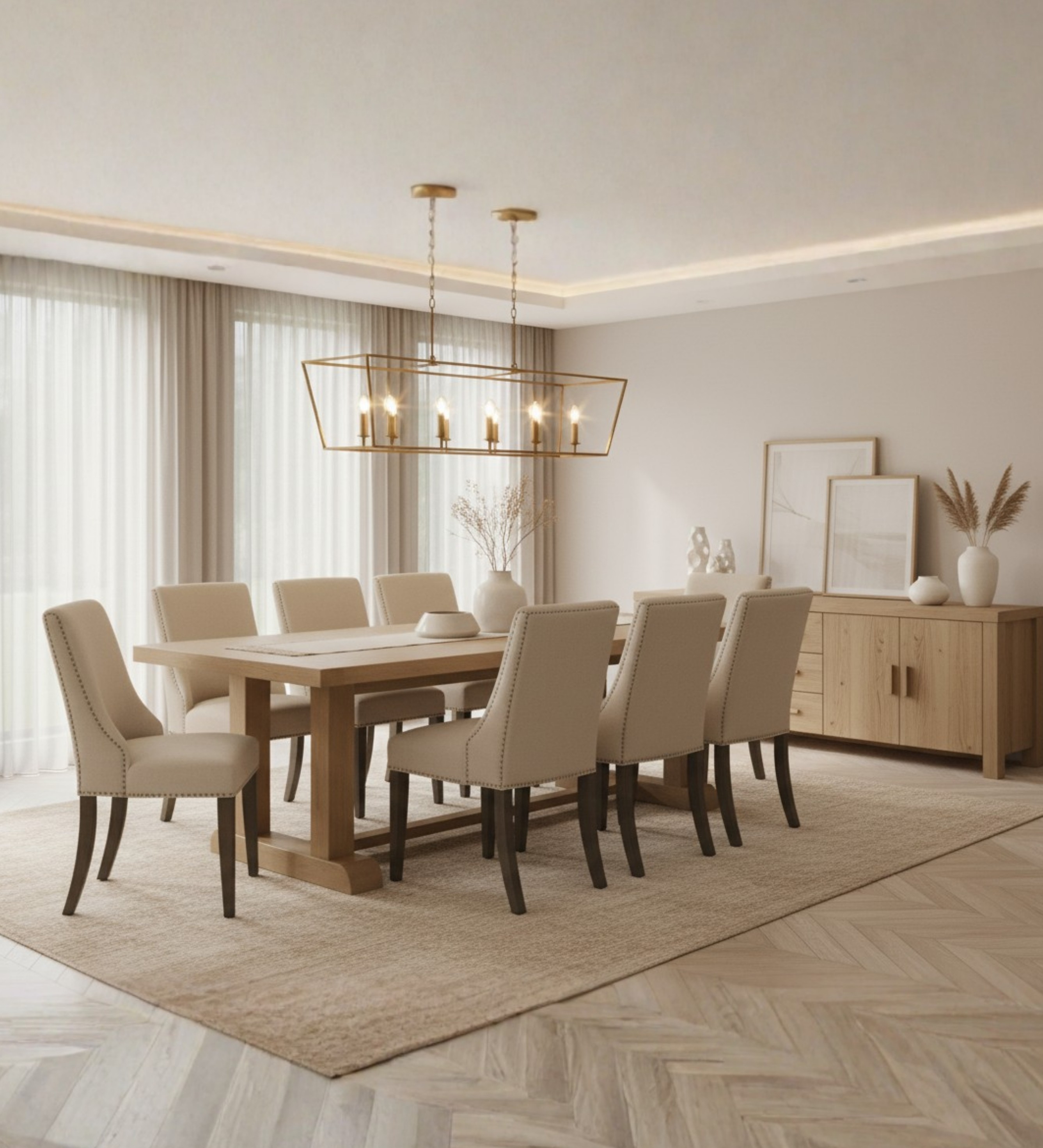 Luxury lounge seating with striped armchairs styled in a minimalist neutral interior