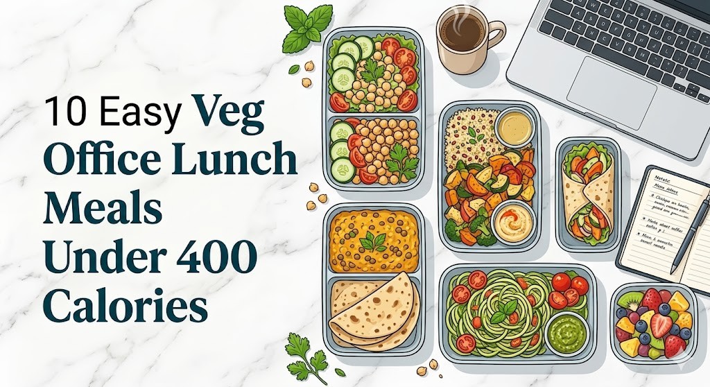 A top-down illustration on a marble background showing a variety of healthy vegetarian meal prep containers with zucchini noodles, chickpeas, curry, wraps, and fruit, placed next to a laptop, coffee, and a notepad. The title on the left reads "10 Easy Veg Office Lunch Meals Under 400 Calories".