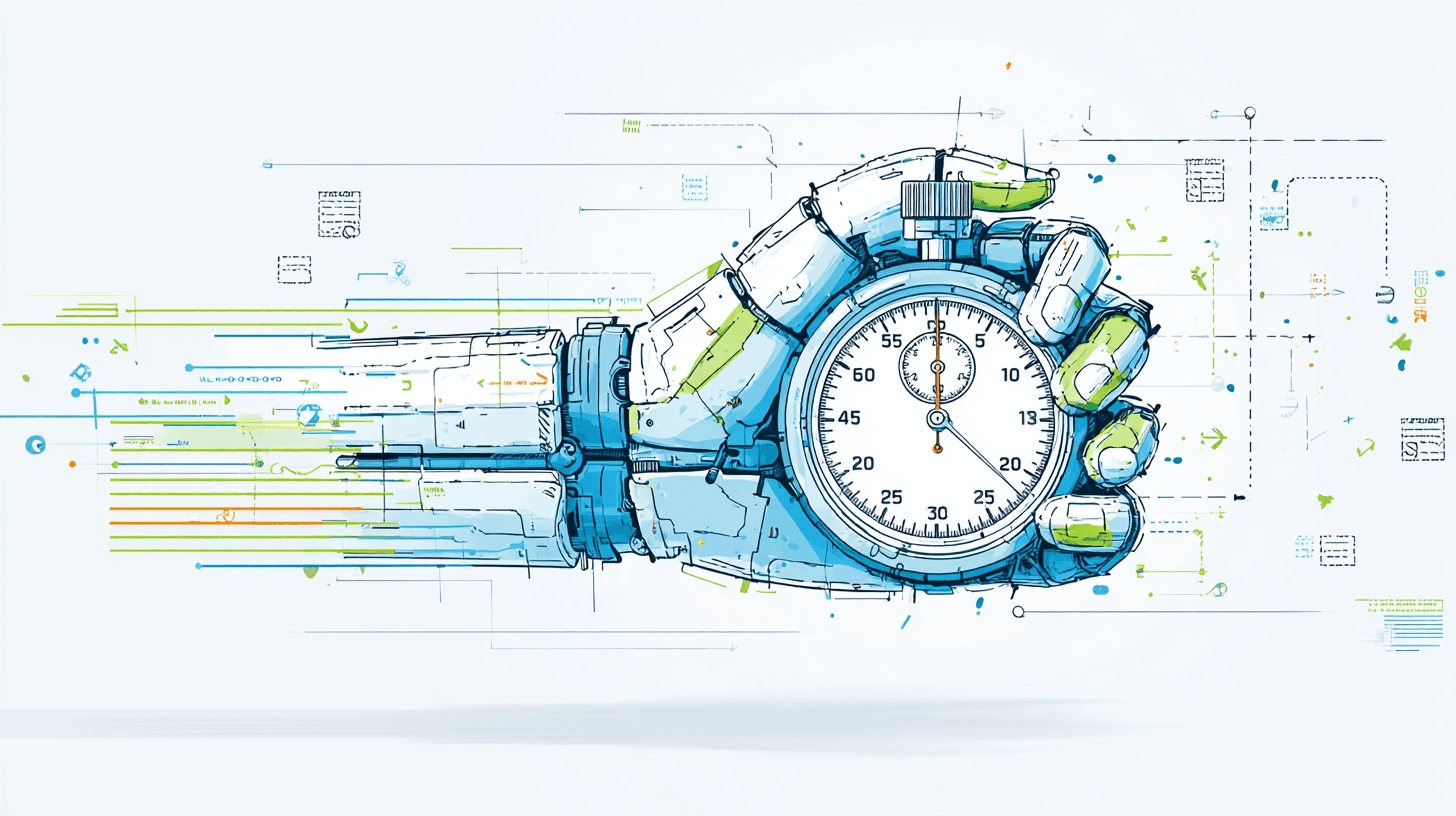 Minimalistische Vektorgrafik einer Roboterhand, die eine Stoppuhr hält, um die minutenbasierte Abrechnung und Zeitersparnis durch die Safina AI Telefonassistenz zu symbolisieren.