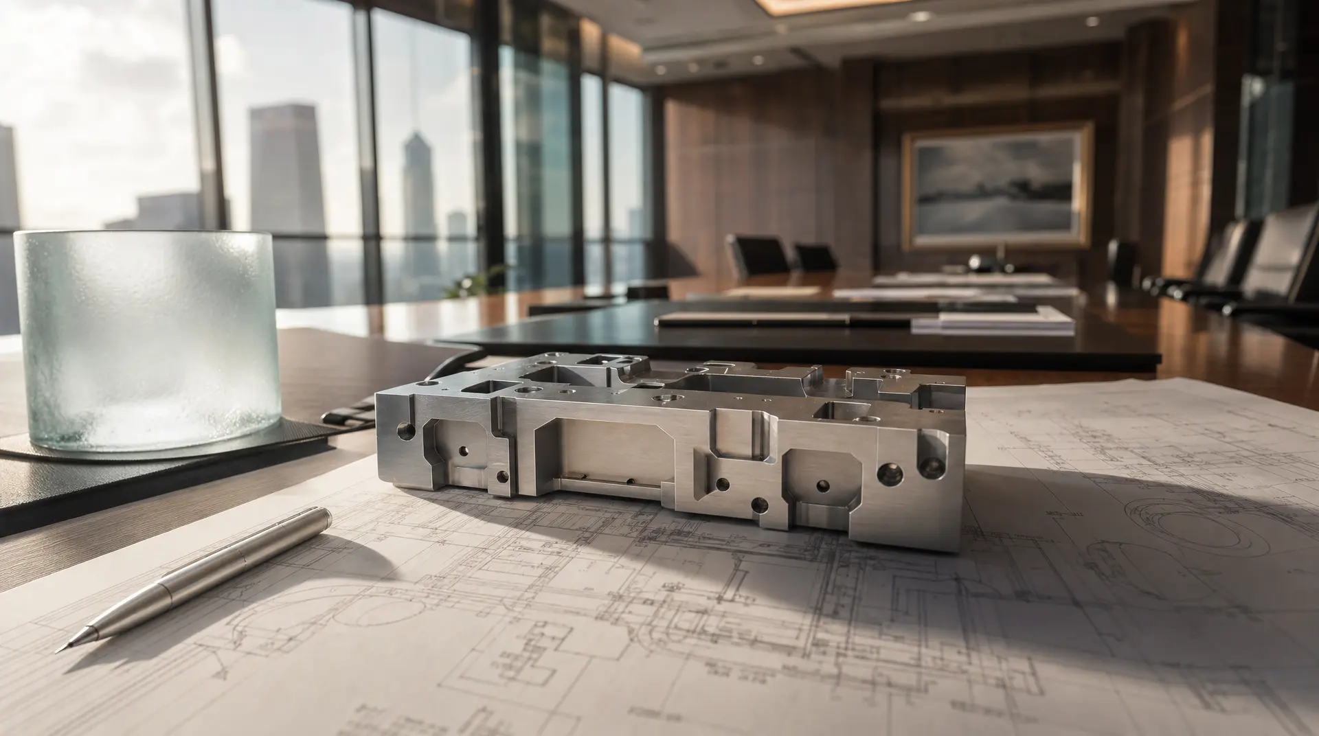 Metal CNC parts and architectural plans on a conference table, signaling deep tech marketing and tech brand strategy for hardware teams.