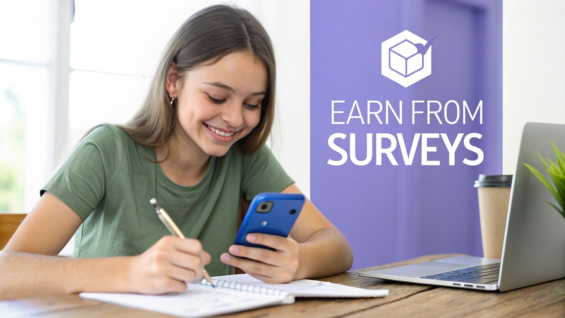 A smiling young woman earning from surveys, writing in a notebook while looking at her phone.