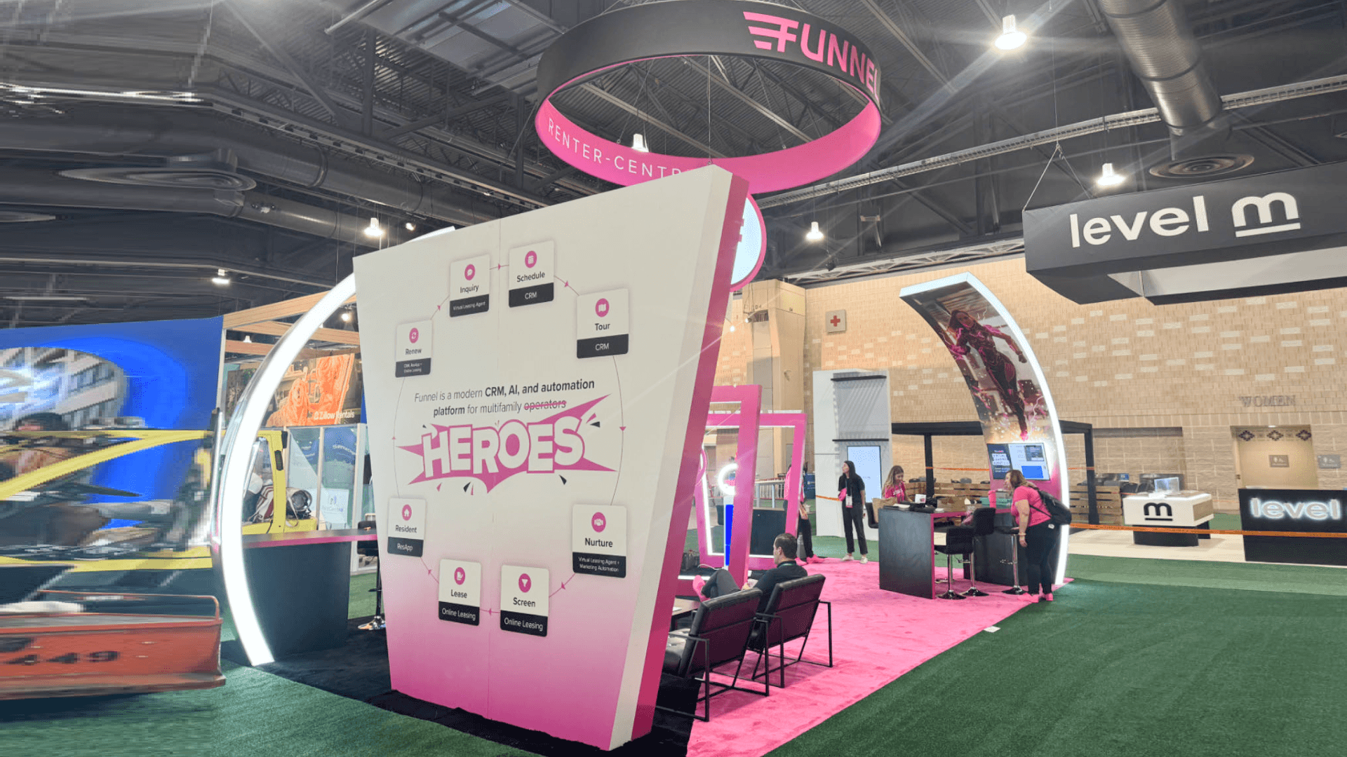 Chicago custom trade show booth build coordinated with union labor at McCormick Place featuring structural panels, lounge seating, and integrated brand graphics