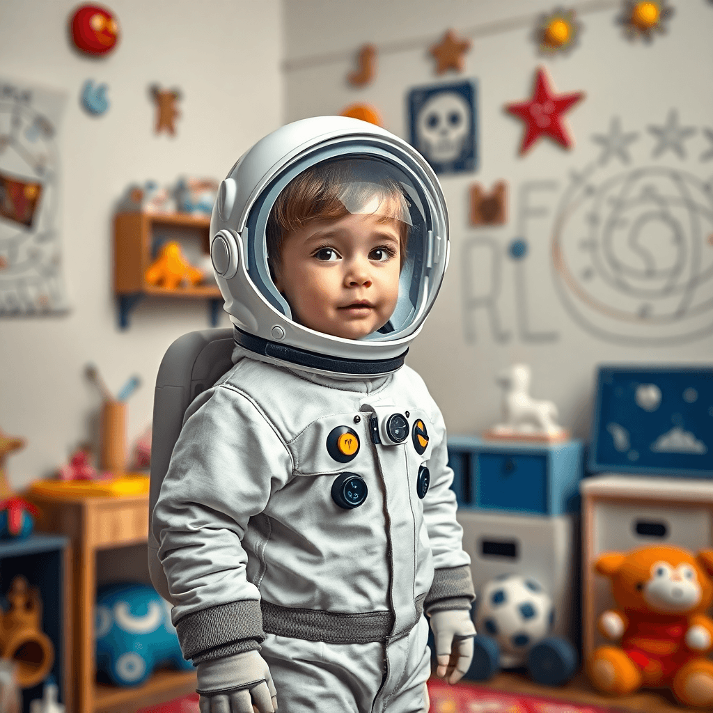 宇宙服を着た子供が子供部屋で立っている