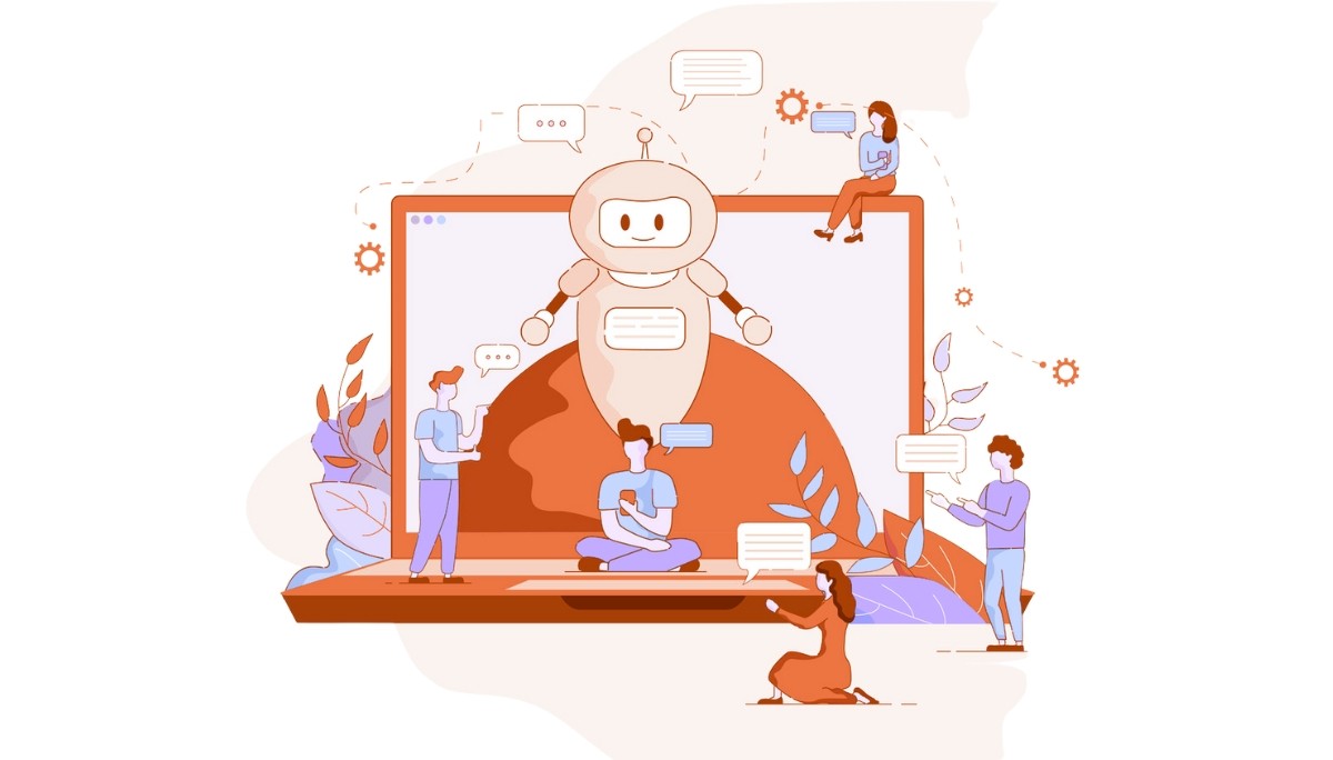 Illustration of a friendly AI chatbot on a computer screen surrounded by multiple users with speech bubbles, symbolizing communication, accessibility, and the collaborative nature of Claude AI’s Pro, Max, and Team pricing options.