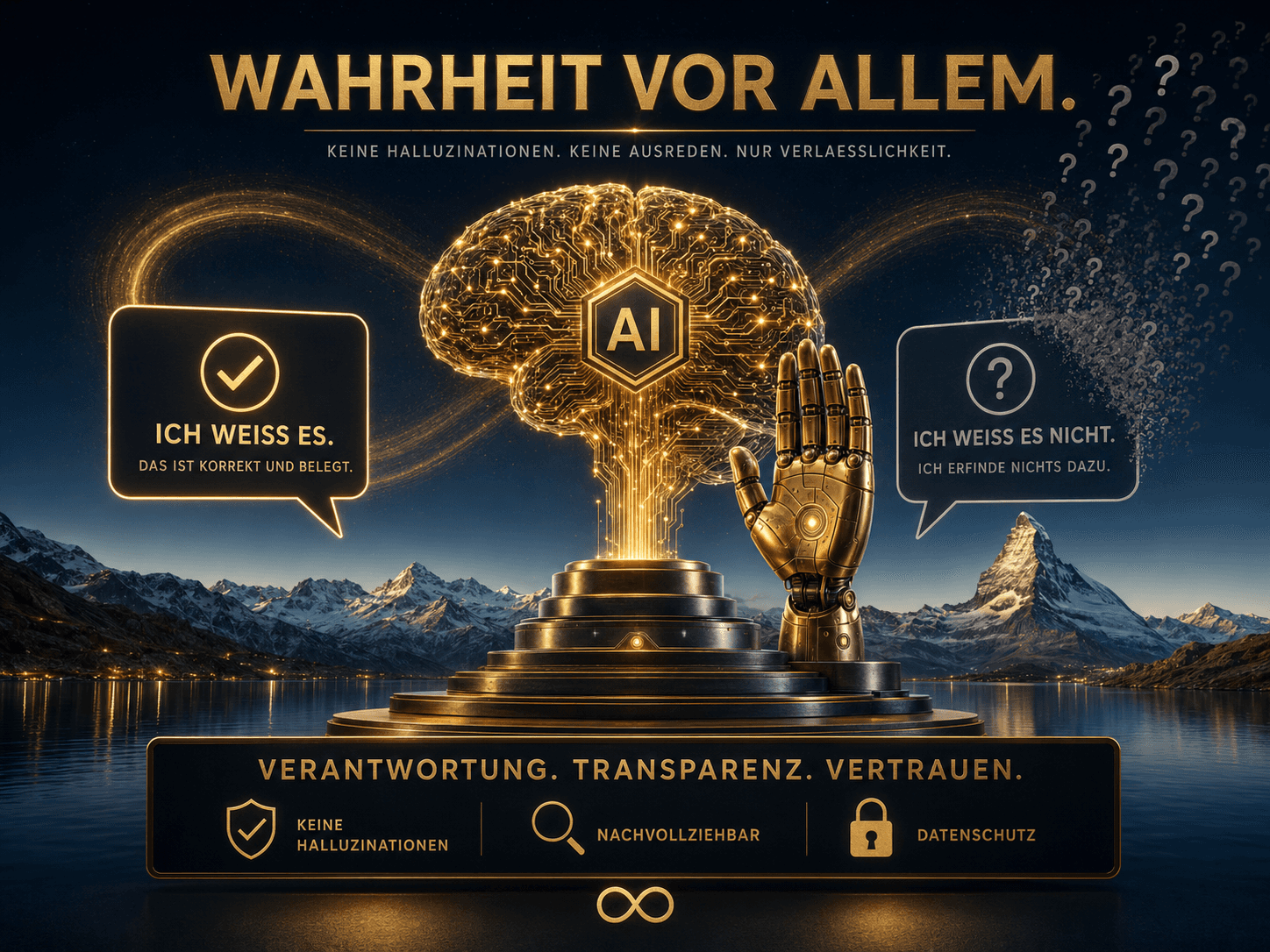 Goldenes KI-Gehirn mit erhobener Hand und AI-Symbol, flankiert von zwei Sprechblasen: links eine bestätigte, korrekte Antwort mit Häkchen, rechts ein ehrliches "Ich weiss es nicht", das in Fragezeichen zerfällt. Schweizer Berge und Infinity-Symbol im Hintergrund, Thema ehrliche KI ohne Halluzinationen.