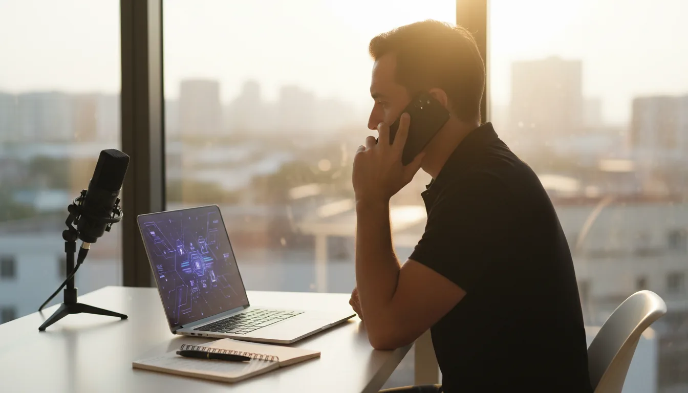 DSLR photograph, medium shot of a professional man in a black polo shirt working at a modern white desk, seen from a side profile. He is on a phone call, looking intently at his open silver laptop which displays abstract UI elements. The scene is heavily backlit by natural daylight from a large, bright window, creating cinematic contrast and a warm, golden hour glow. On the desk, there is a professional black microphone and an open notebook. The image has a shallow depth of field, with the man in sharp focus and the view of the buildings through the window appearing as a soft bokeh background.