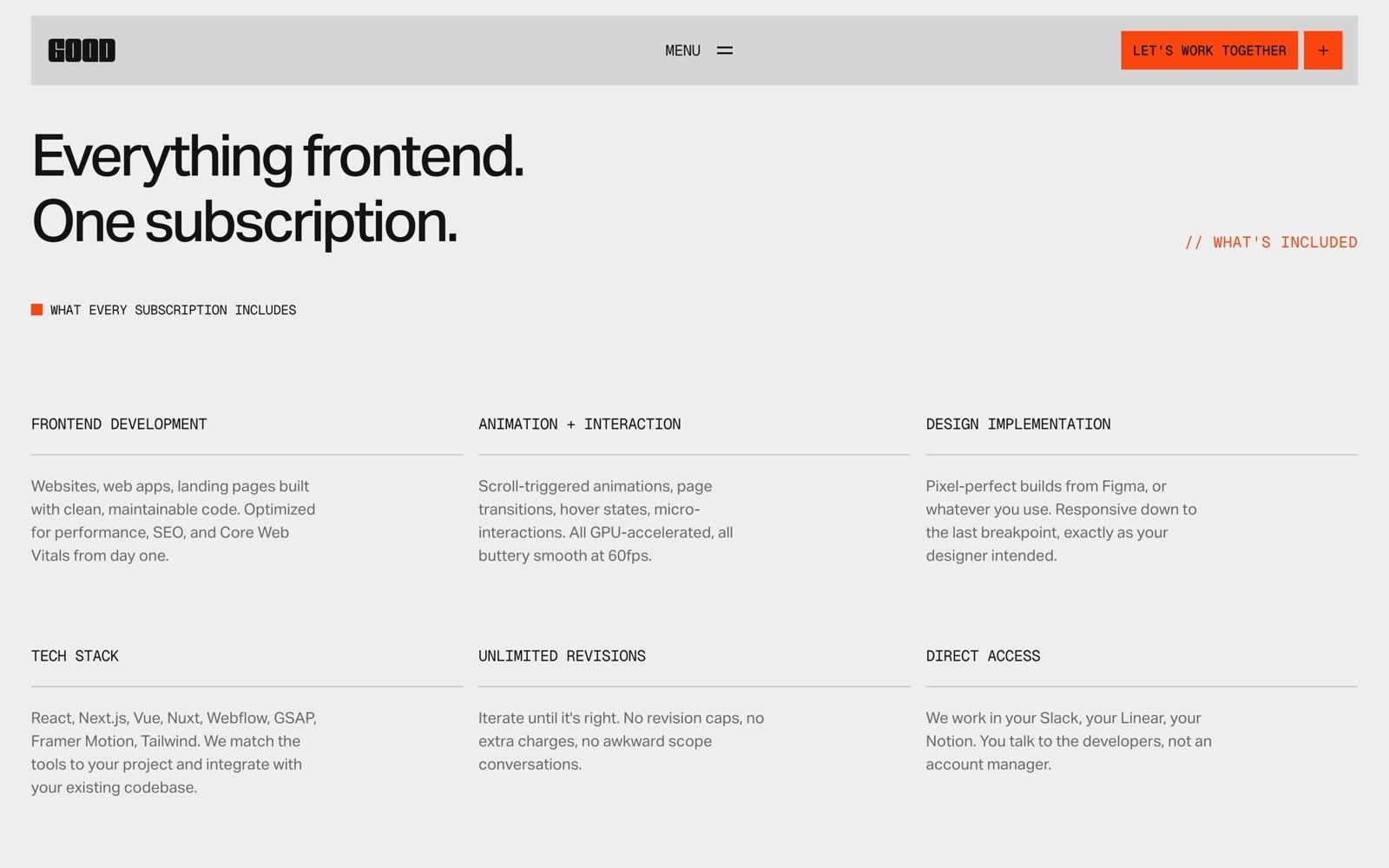 Black text on white background: "Everything frontend. One subscription." Red text: "WHAT’S INCLUDED". Sections: front-end development,...