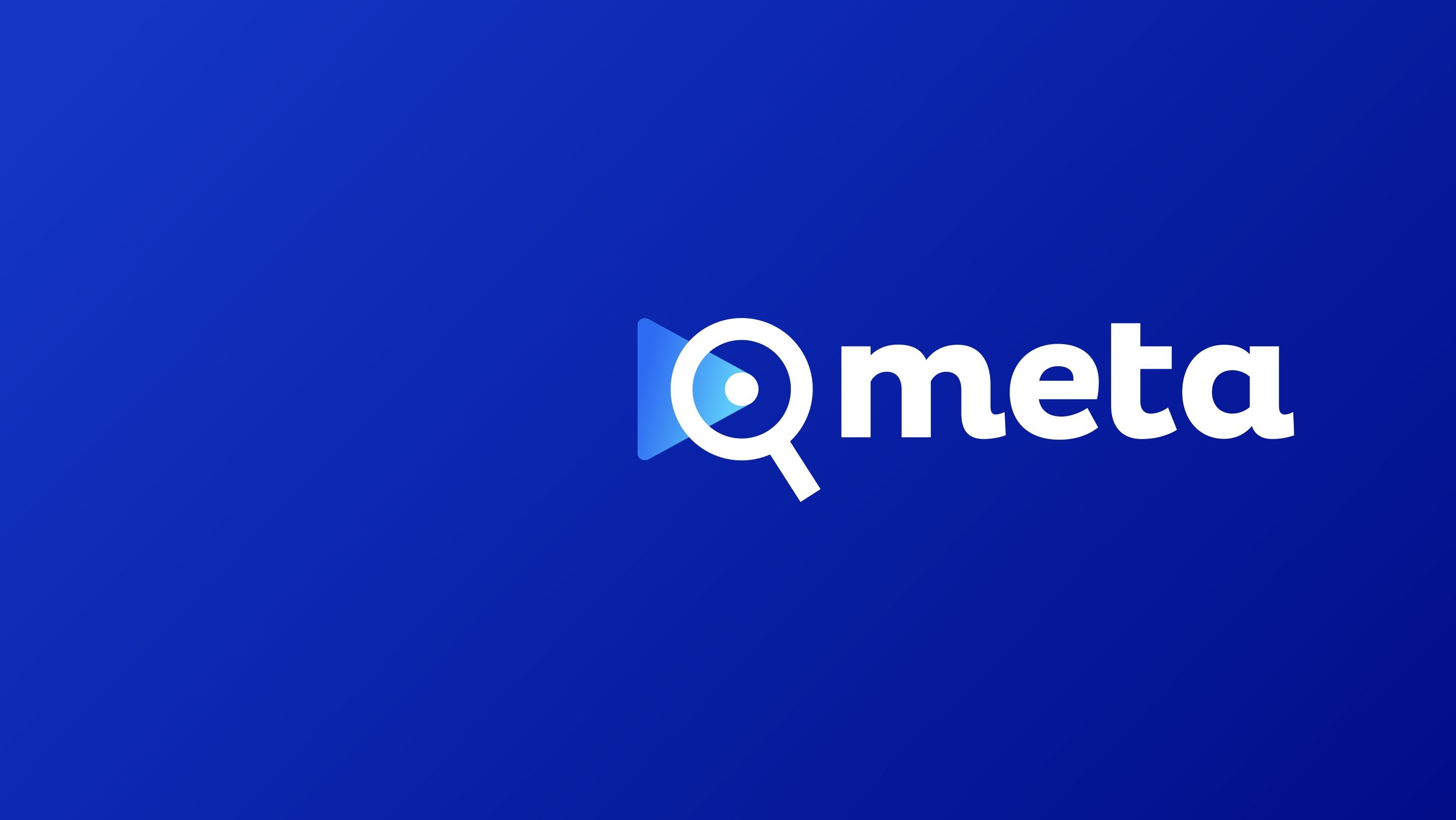 Logo on a blue gradient background features a stylized magnifying glass with a play button inside, followed by the word "meta" in bold white text.