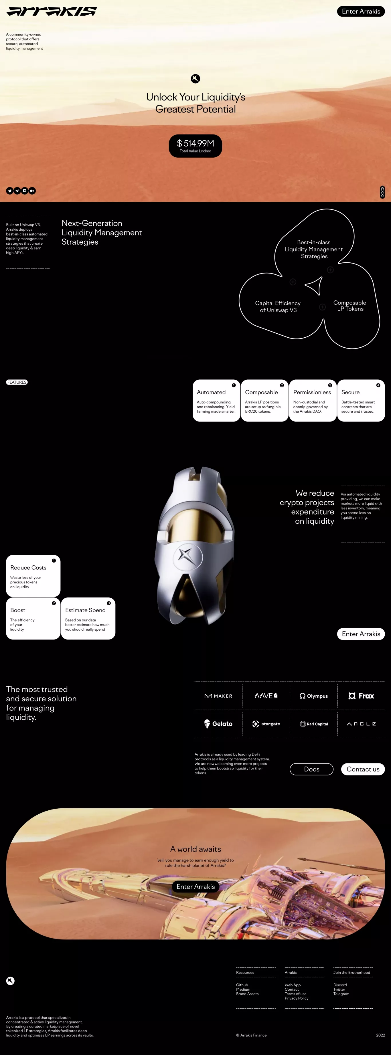 Arrakis Finance - Web3's Liquidity Layer landing page screenshot showcasing Tech and Finance design