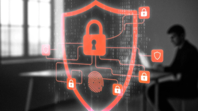 Illustration of a shield with a padlock in the center and several branches leading to other padlocks and a fingerprint. In the background, a man is seen sitting at a computer.