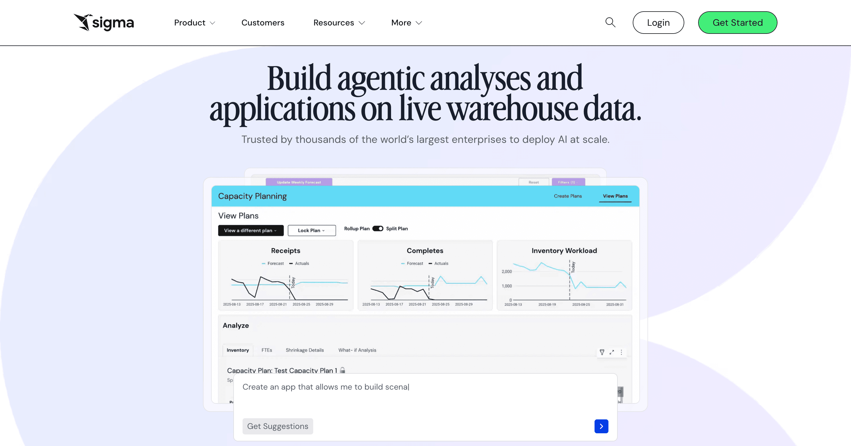 Sigma analytics interface showing agentic analysis on live cloud warehouse data with planning dashboards.