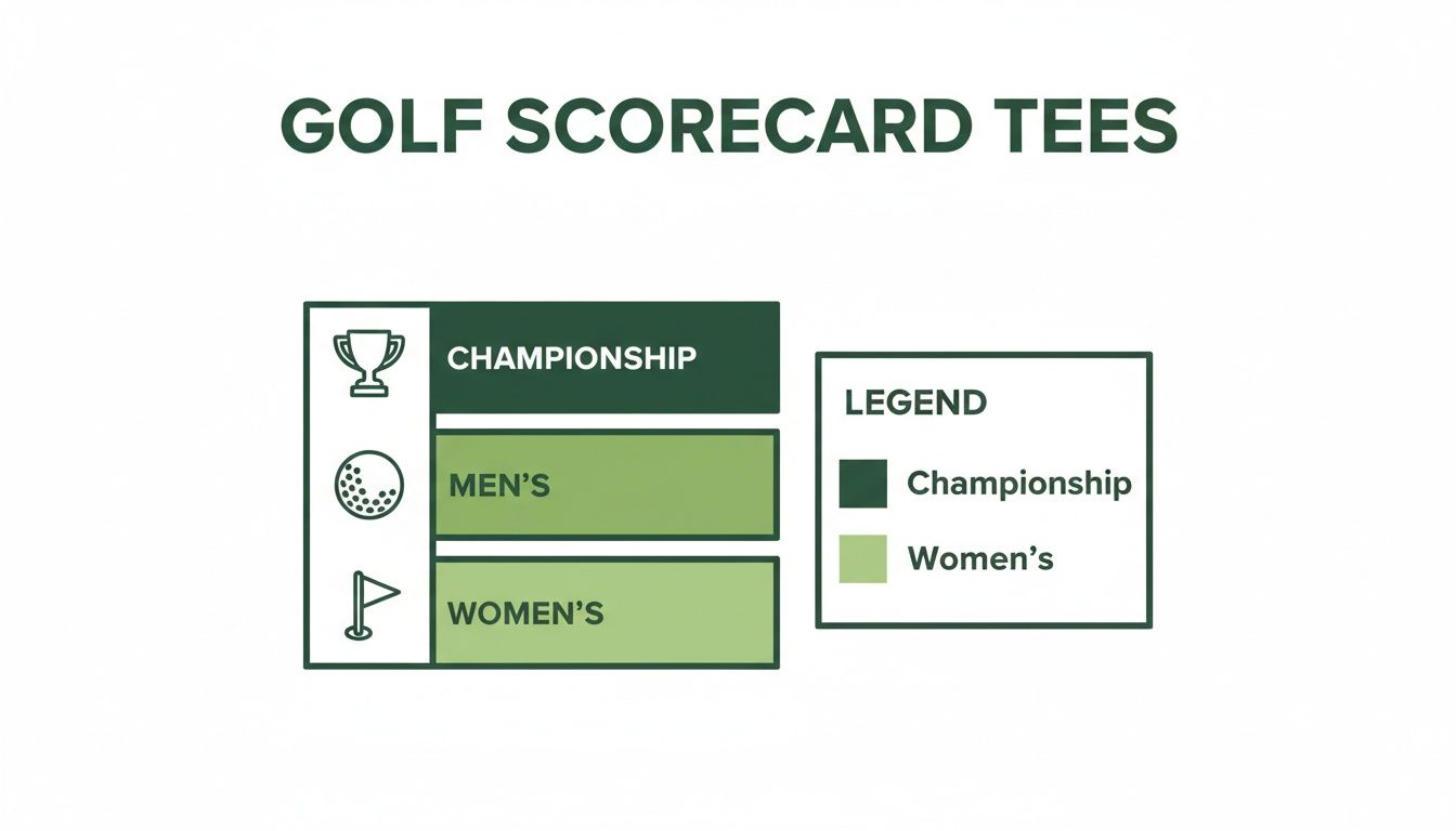 A golf scorecard legend displaying different tee types: Championship, Men's, and Women's, with icons and color codes.
