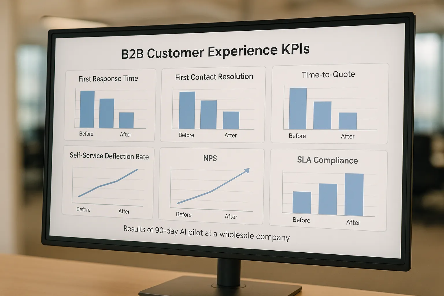 Een B2B-dashboard met KPI’s voor klantbeleving: First Response Time, First Contact Resolution, Time-to-Quote, Deflection rate van selfservice, NPS en SLA-naleving. Grafieken tonen voor/na resultaten van een 90-dagen AI-pilot bij een groothandel, met duidelijke dalende doorlooptijden en stijgende NPS.