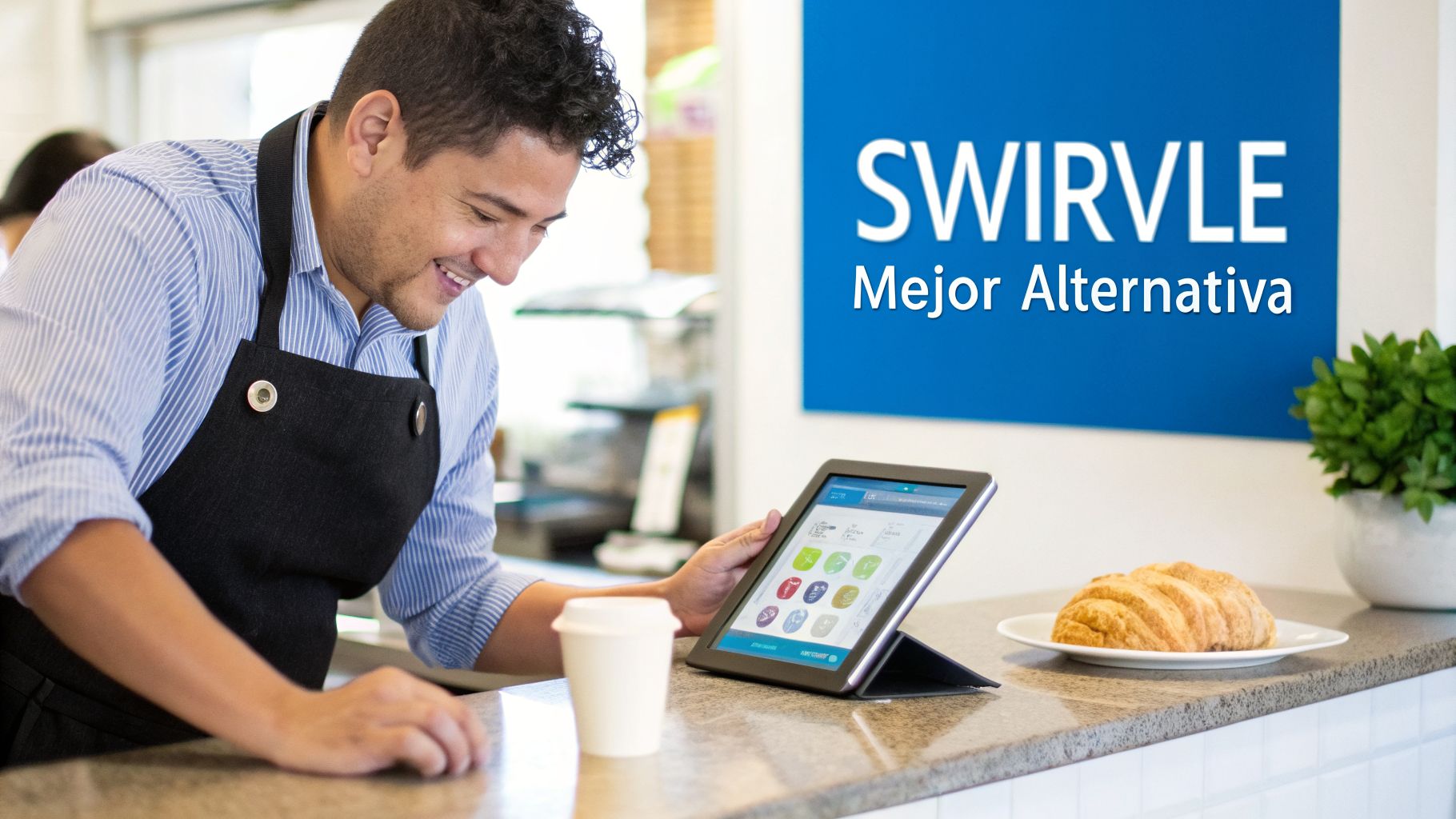 Un barista sonriente interactúa con una tablet en una cafetería, con un letrero de Swirvle.