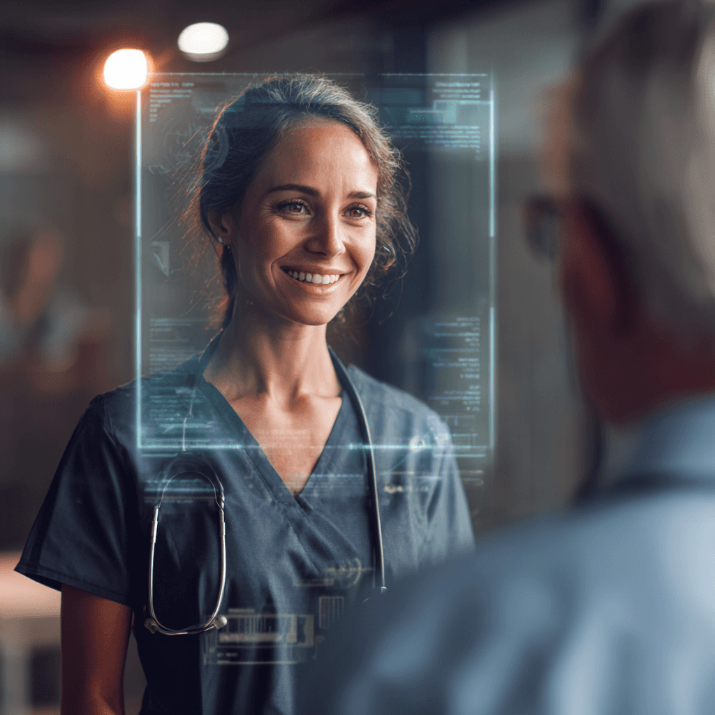 A smiling medical professional in scrubs and a stethoscope looks at a holographic screen displaying complex data, suggesting a futuristic healthcare setting.