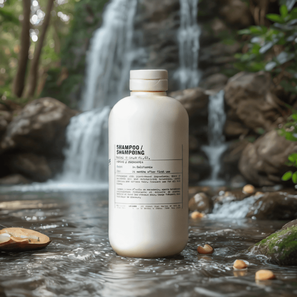 Blurred background, a natural setting with rocks and trees, waterfall cascades down the rocks in the background, peaceful and serene atmosphere, a few pebbles scattered around, natural and peaceful, professional product photography, product photos, product shot