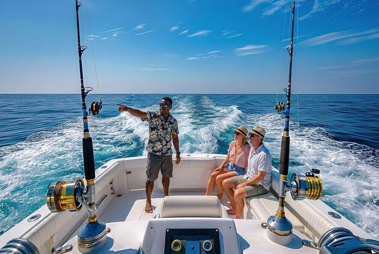 A couple with a Fijian guide on a boat enjoying deep sea fishing in the pacific harbour Fiji