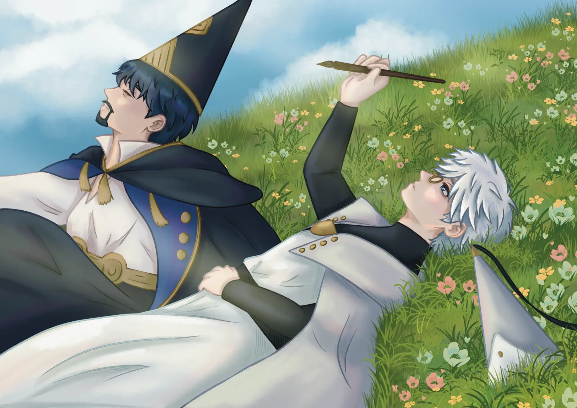 Digital fantasy illustration of Qifrey and Olruggio relaxing in a grassy flower field under a blue sky - by Tiffany Springett.
