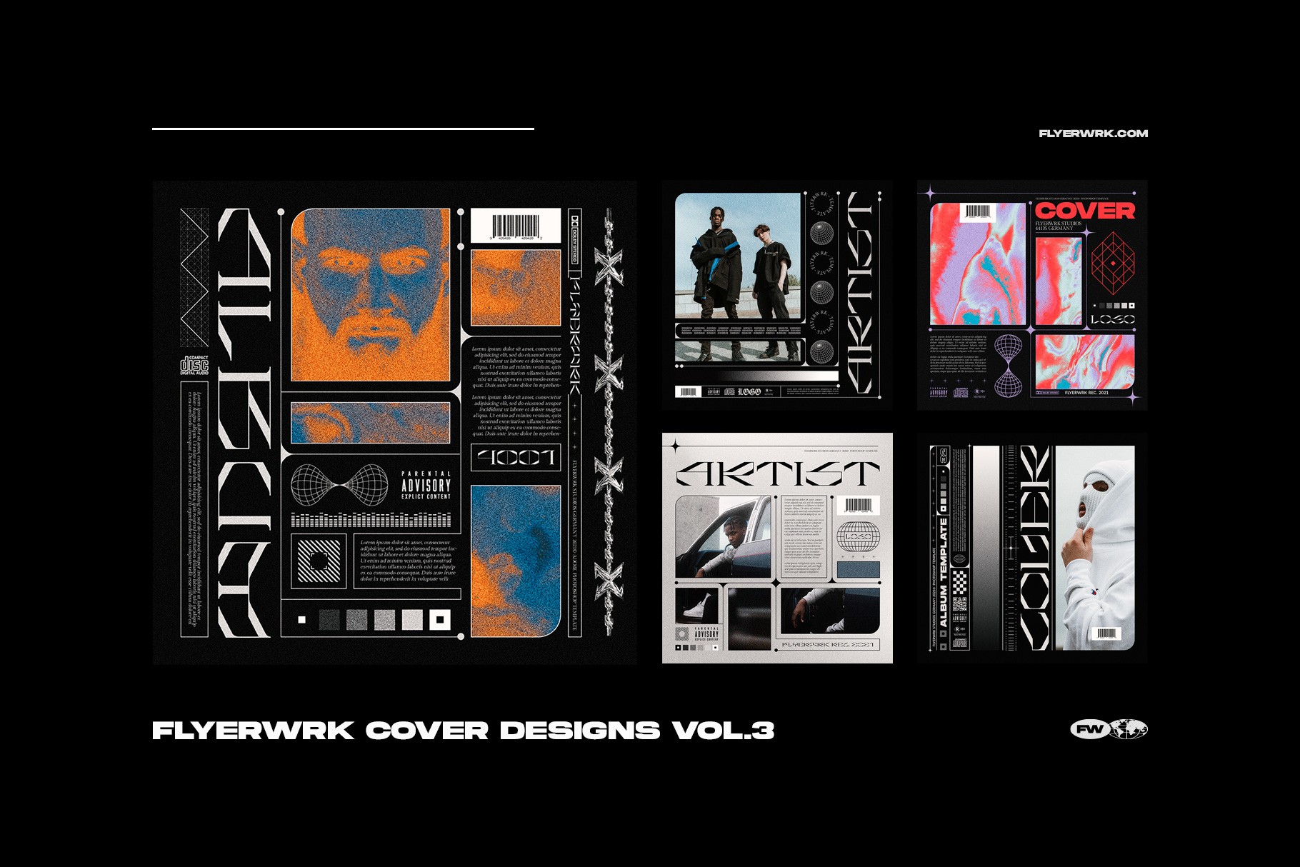 Grid display of five cover design templates from volume three including modern portrait and graphic layouts