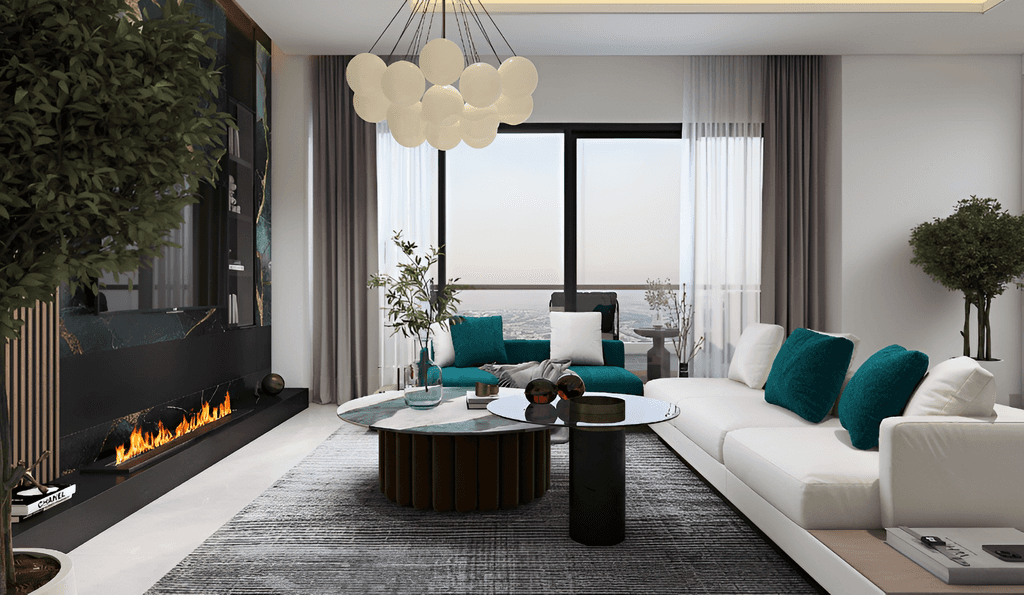 Stylish living room at Rose Gold Residences, showcasing contemporary decor, plush seating, and soft ambient lighting.