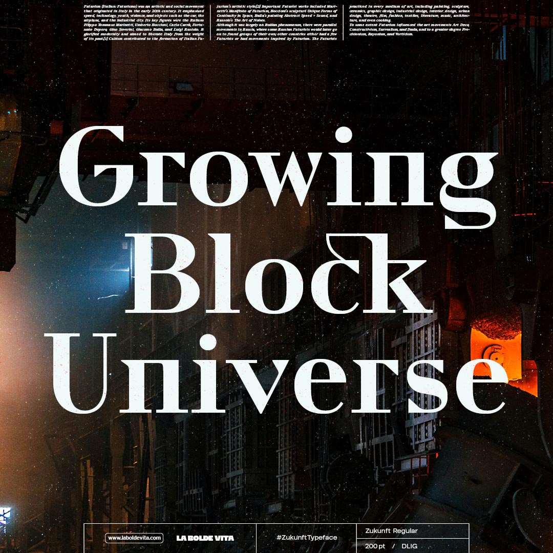 three big sample words set in Zukunft Regular in white on a cinematic background image