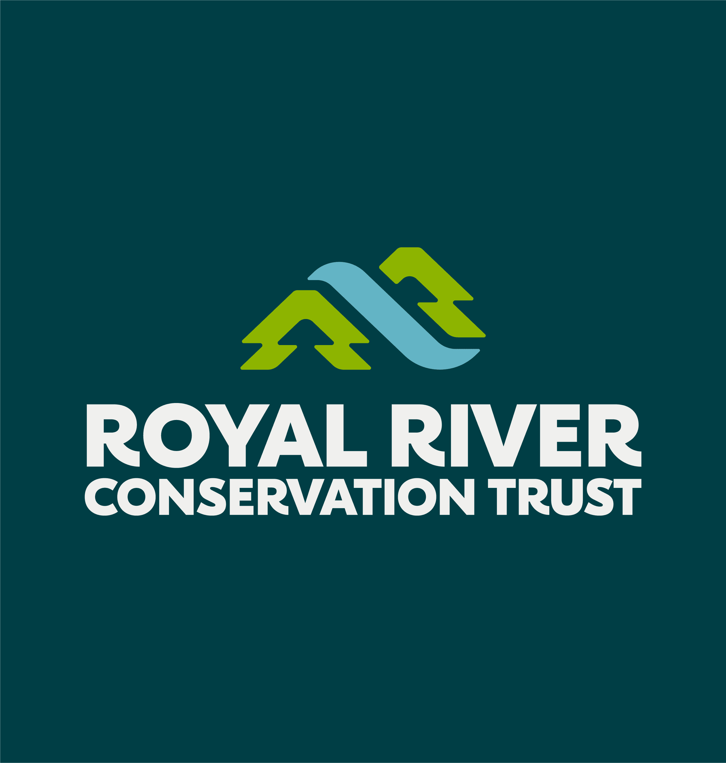 Royal River Conservation Trust primary logo with stylized river and tree icon on dark blue background
