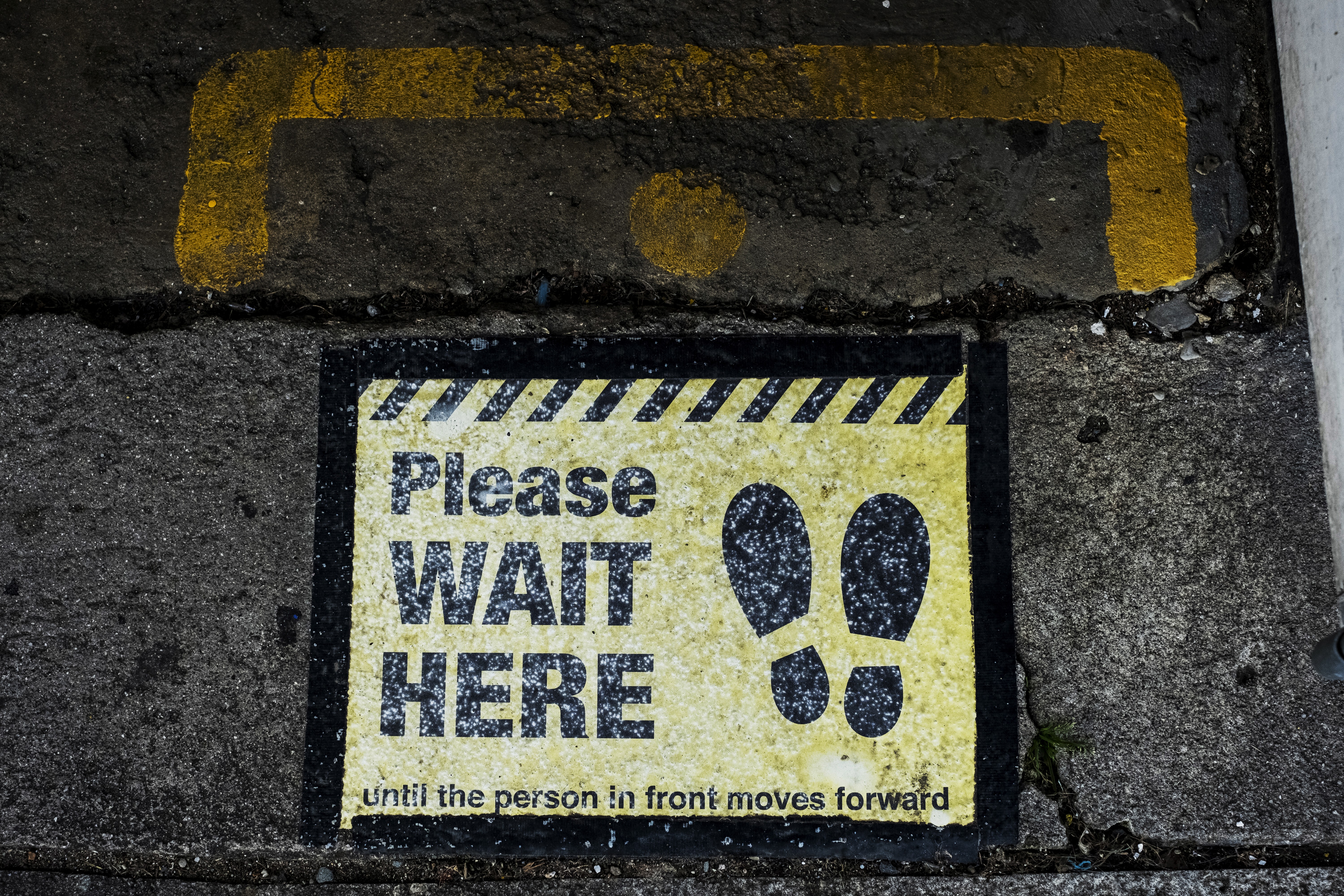 A yellow and black Please Wait Here floor sign on pavement, representing the importance of knowing when to pause before investing in a marketing system and making sure the timing is actually right for your service business