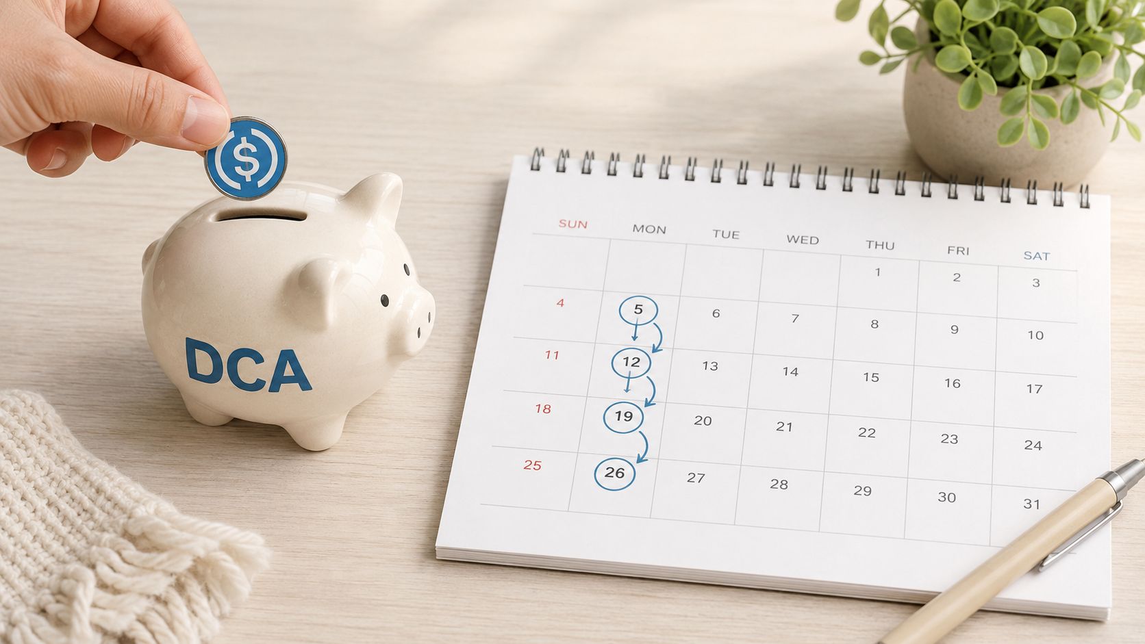 A hand placing a coin into a piggy bank labeled DCA next to a calendar with recurring dates.